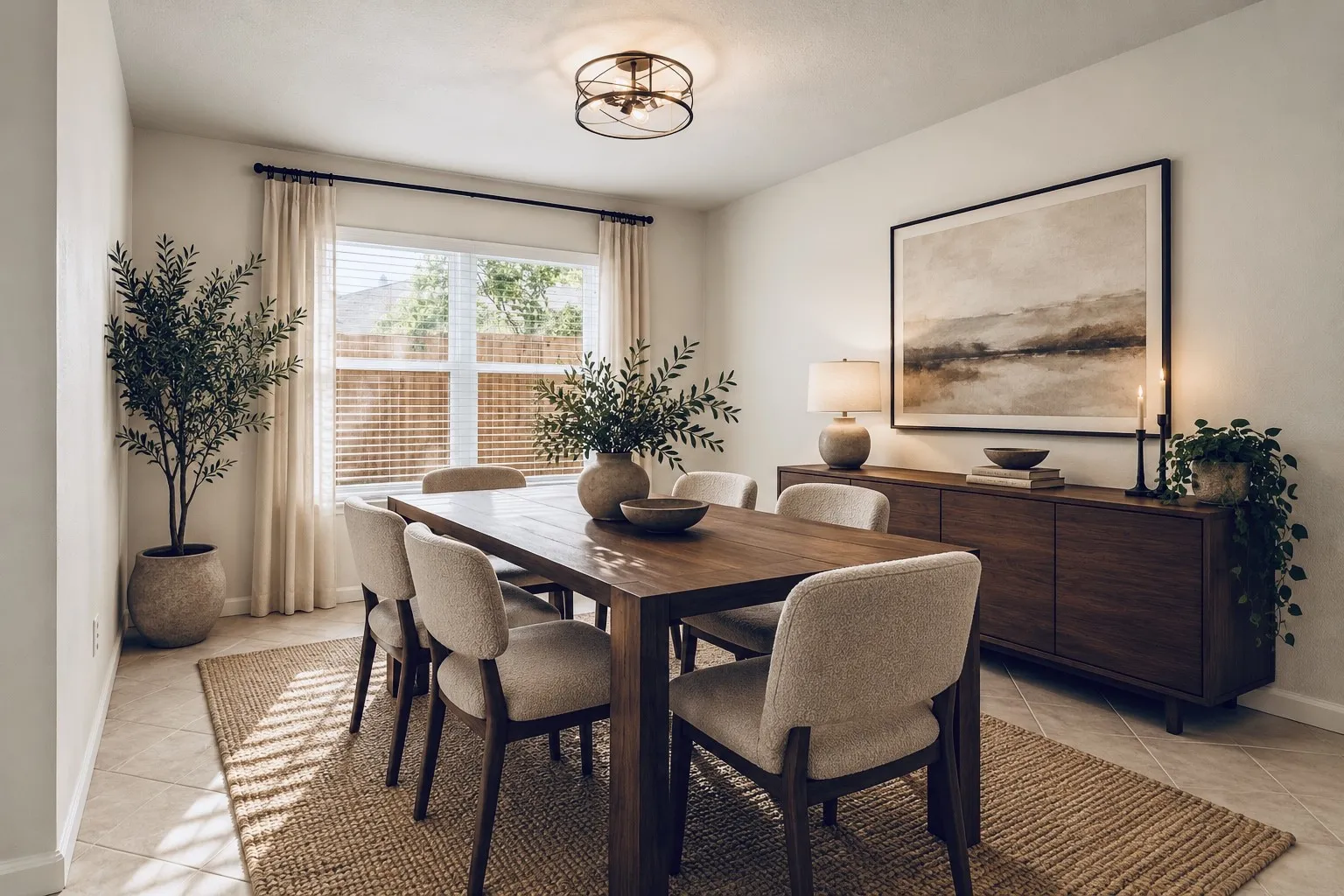 Dining area featuring tiled flooring, a built-in window with blinds, and a wood-finish credenza