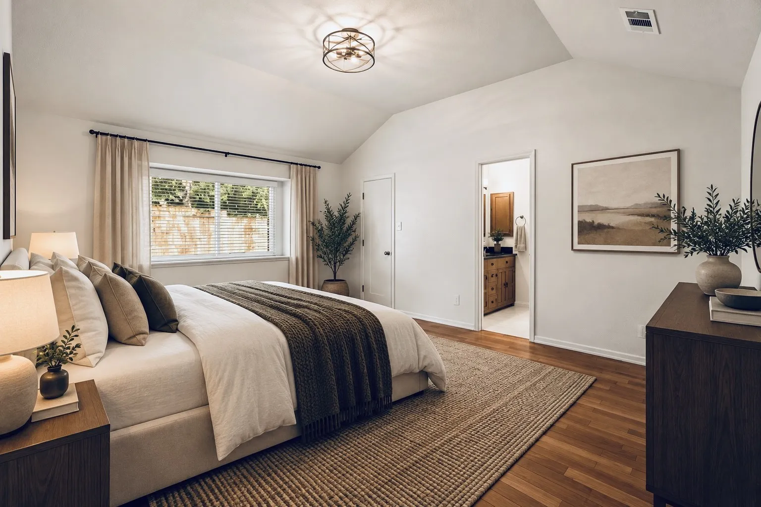 Vaulted ceilings with a semi-flush mount fixture, recessed window with blinds, and rich wood-finish flooring
