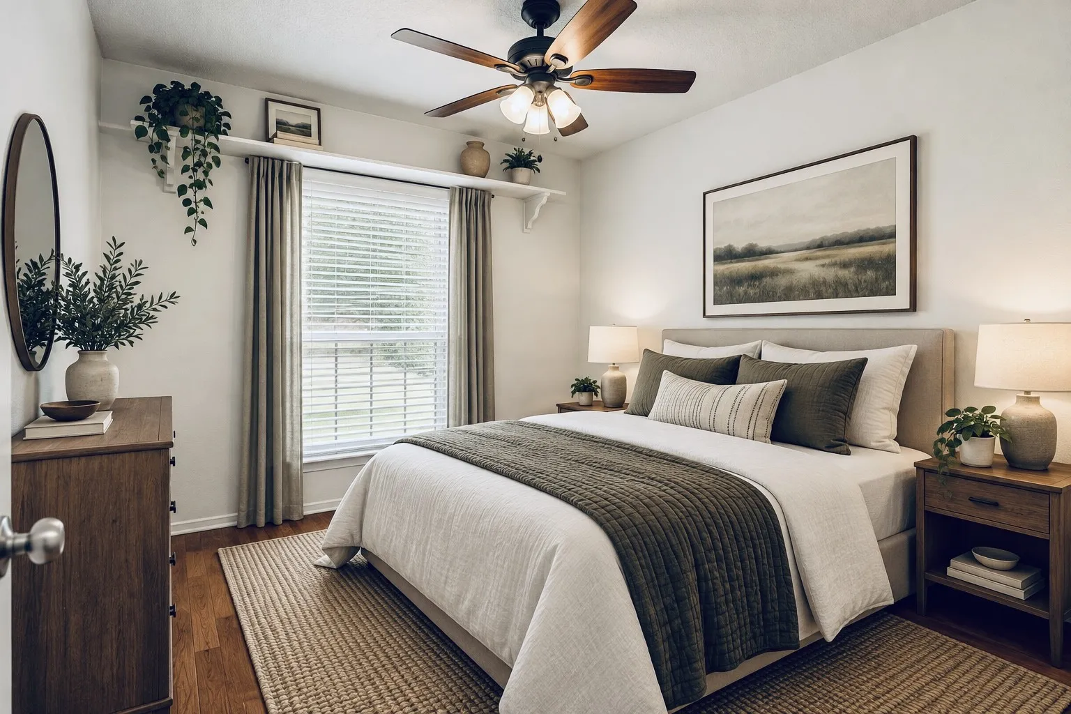 Wood-finish flooring, ceiling fan with light fixture, window with blinds, recessed shelving, and a fabric-upholstered headboard