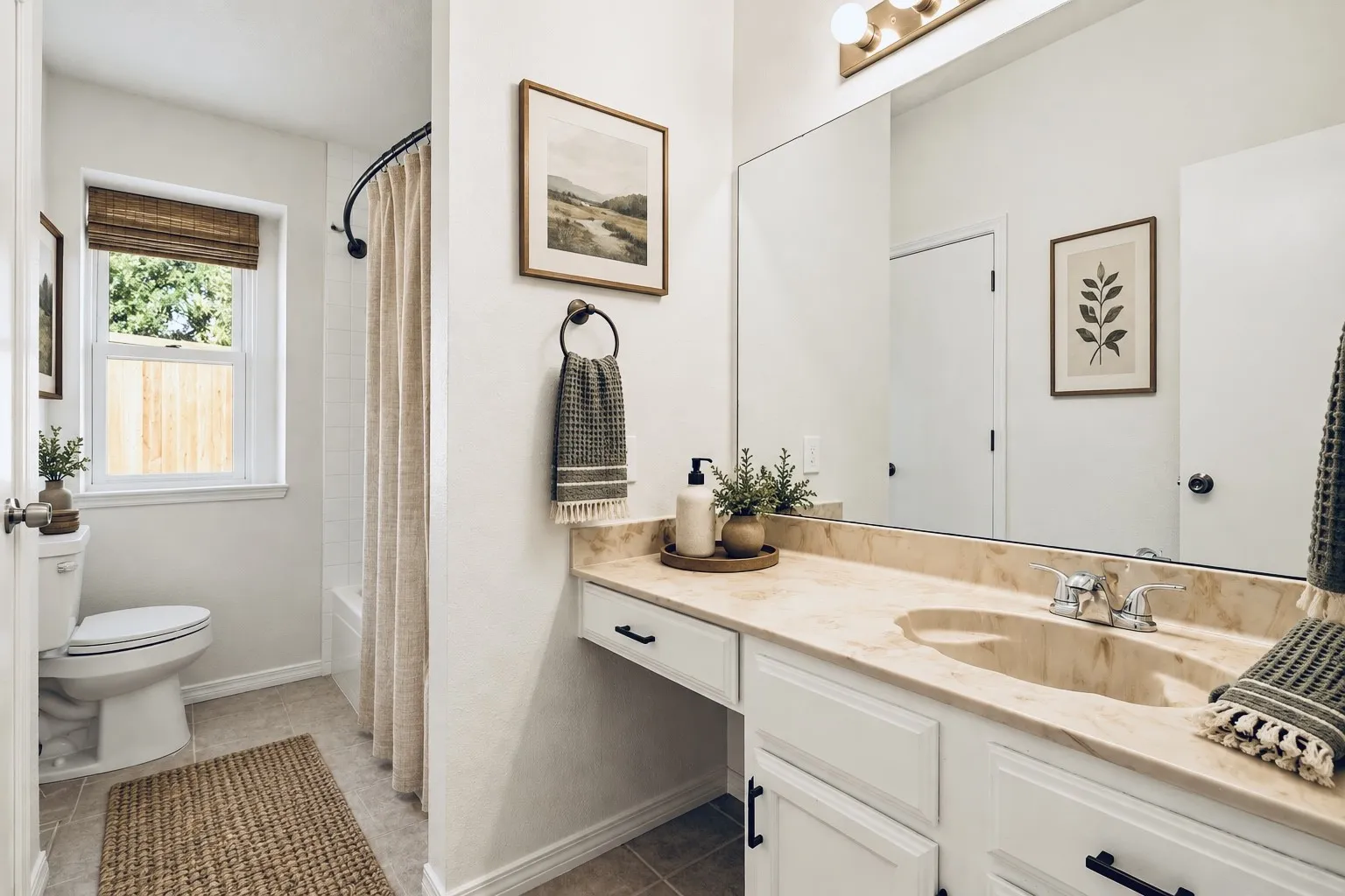 White vanity with integrated sink, stone-finish countertop, and brushed nickel faucet