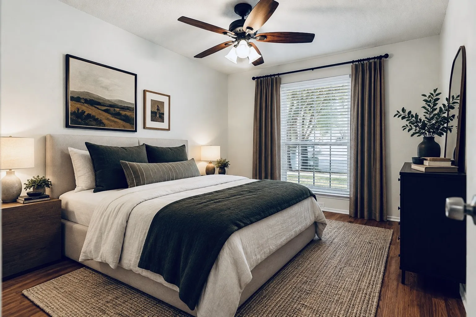 Wood-finish flooring with a ceiling fan and a window featuring blinds and drapes