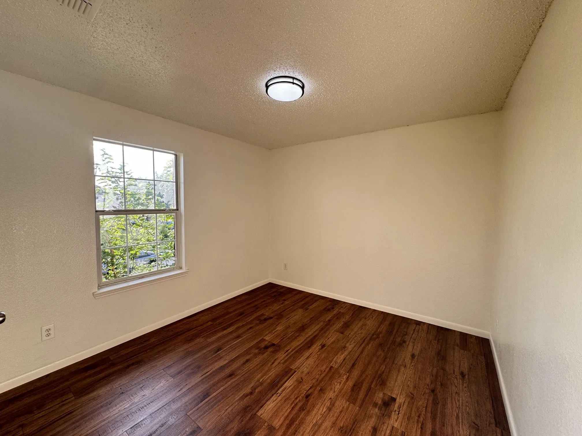 Bright room featuring wood-finish flooring, a window with exterior greenery, neutral wall tones, white baseboards, and a flush-mount ceiling light