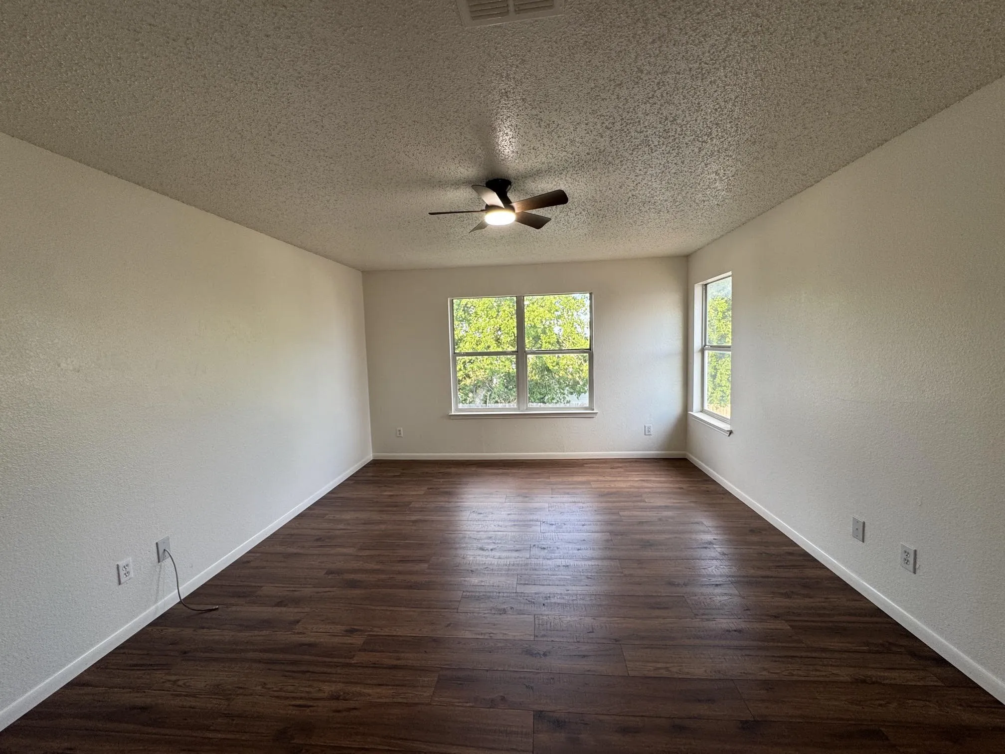 Spacious room featuring wood-finish flooring, two large windows, a ceiling fan, and white baseboards