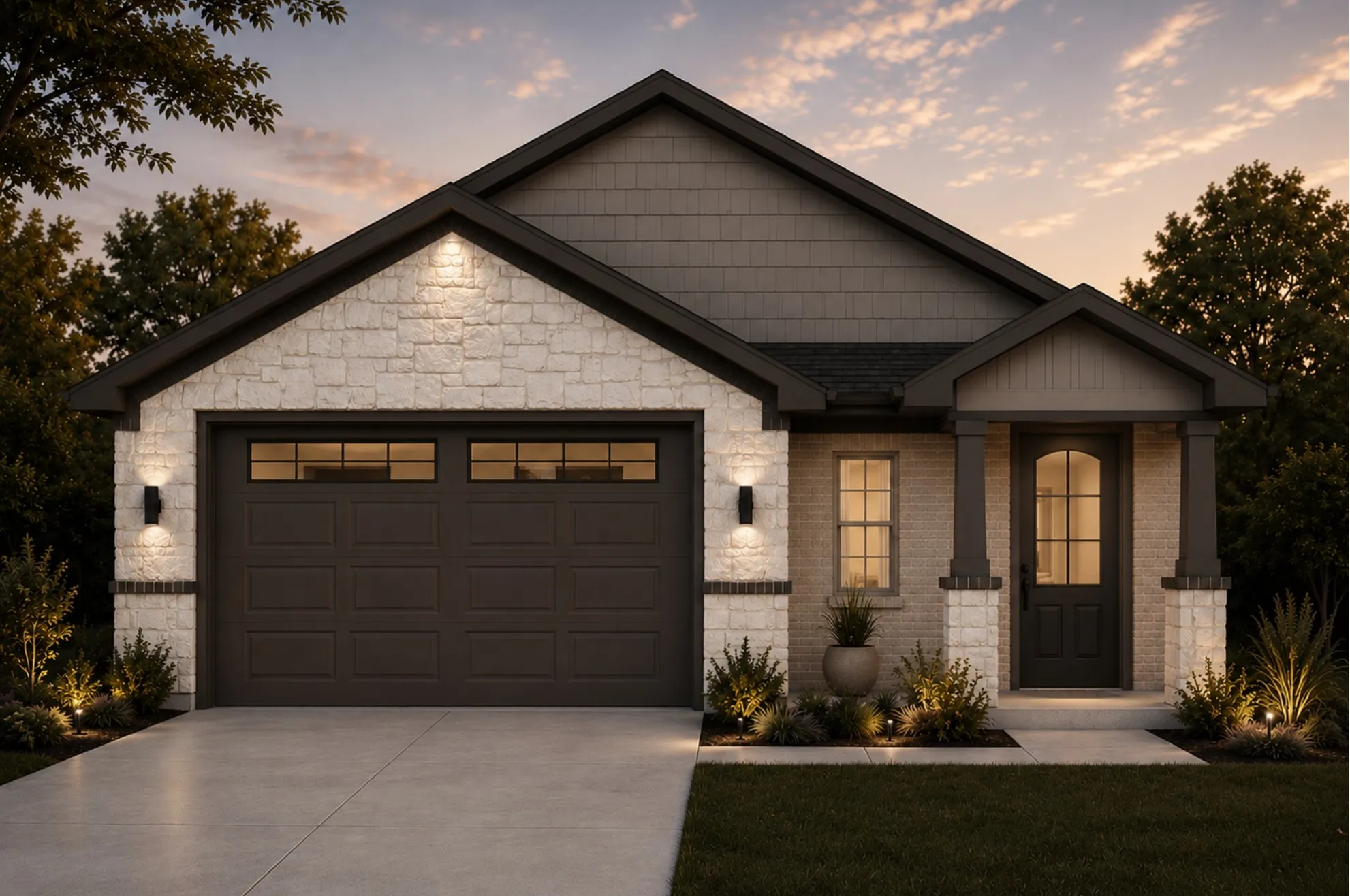 Rendered photo of modern exterior elevation featuring a stone and siding facade, covered entry, and an attached garage with carriage-style doors
