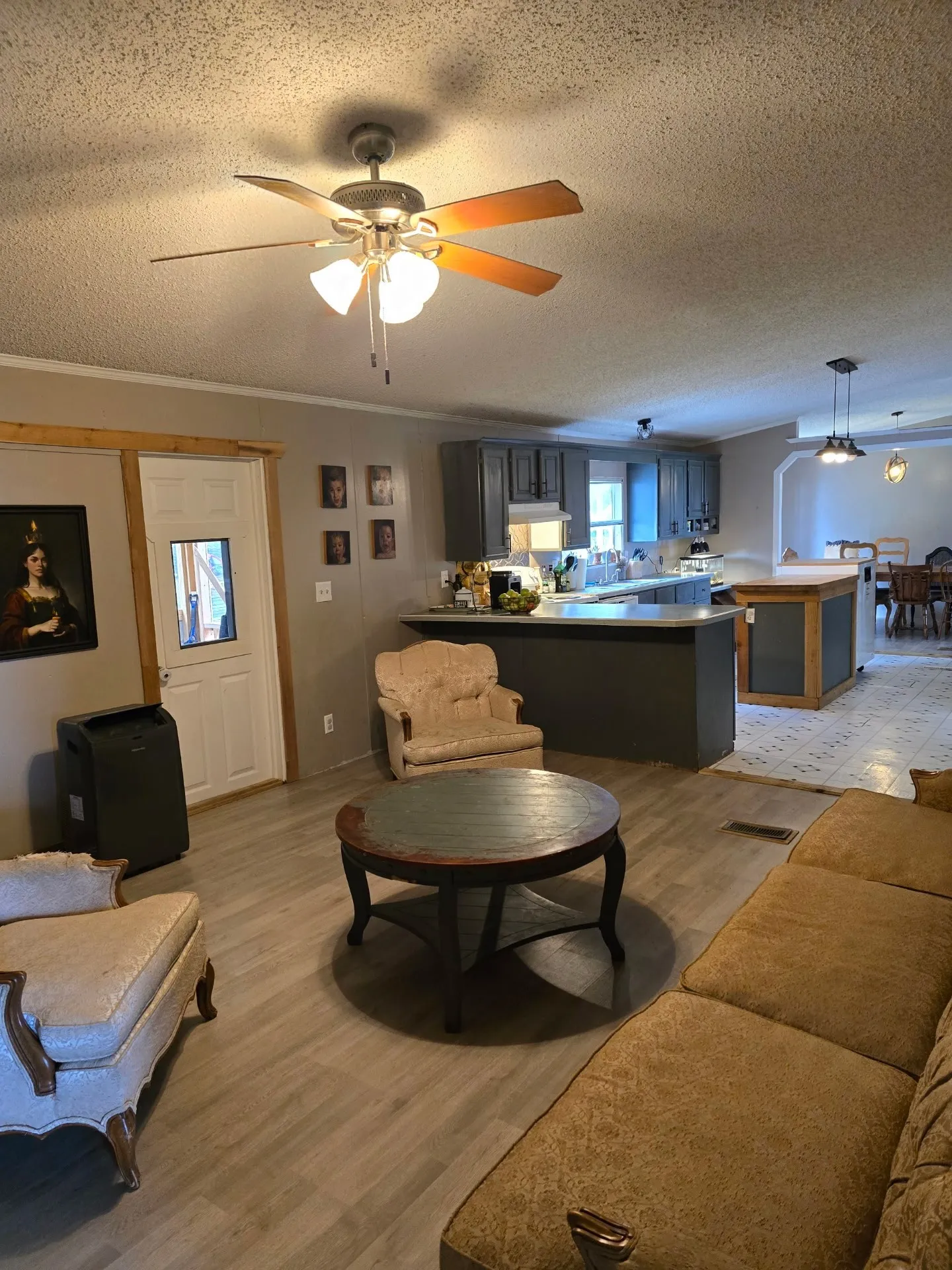 Open-concept living area featuring wood-finish flooring, a ceiling fan with integrated lighting, and a kitchen with dark cabinetry