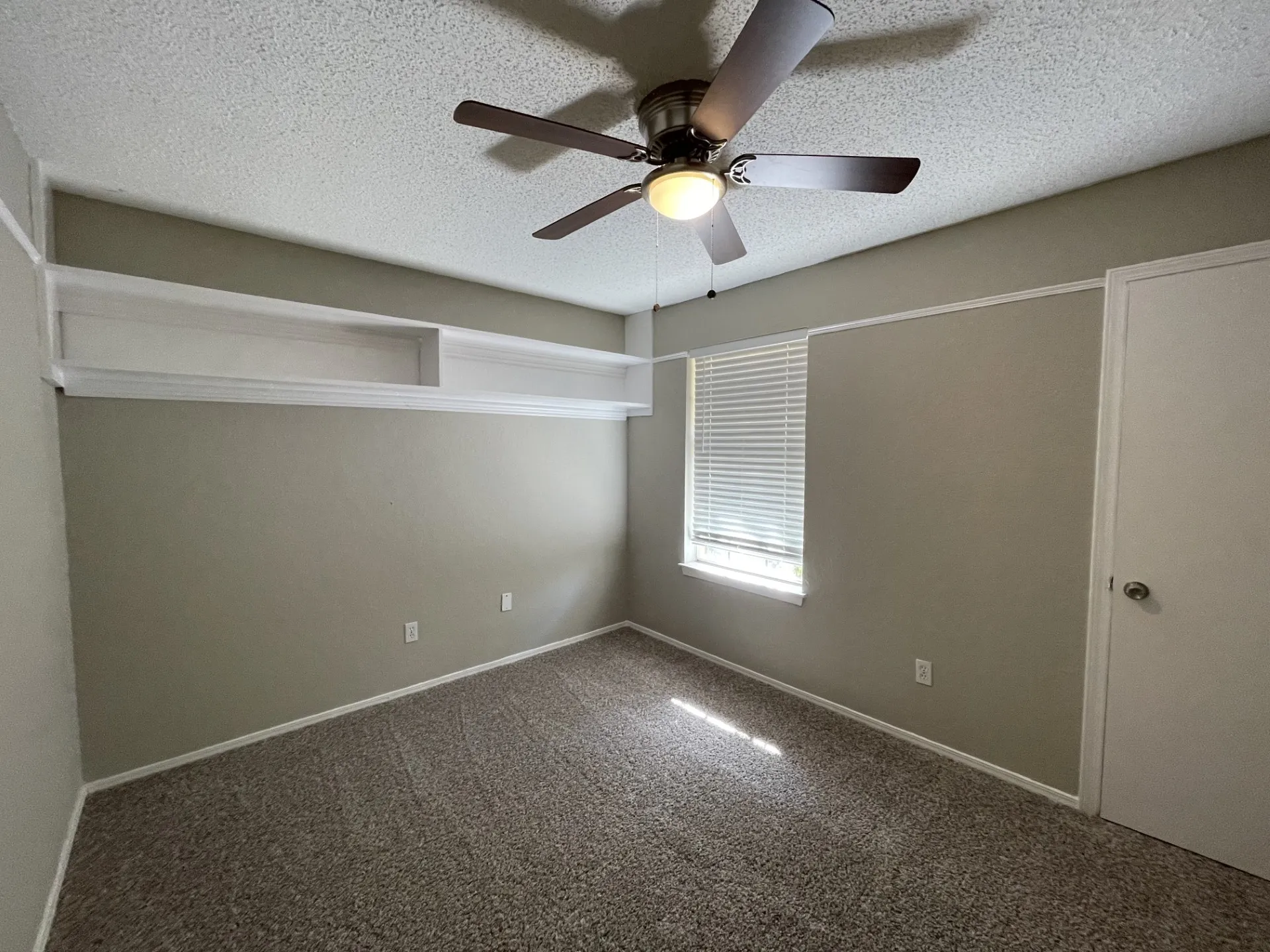 Wall-mounted shelving, overhead ceiling fan with light fixture, window with horizontal blinds, and carpet flooring