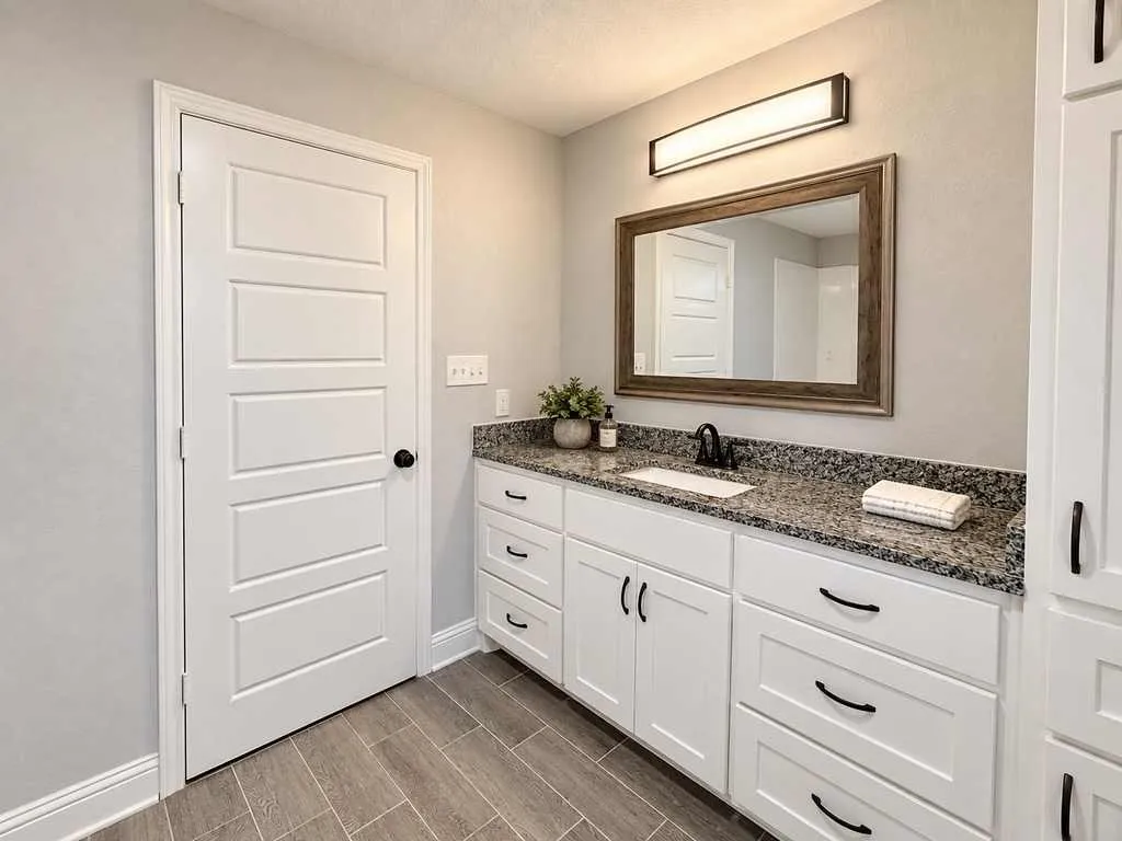 Main home bathroom vanity with storage, mirror, and countertop space.
