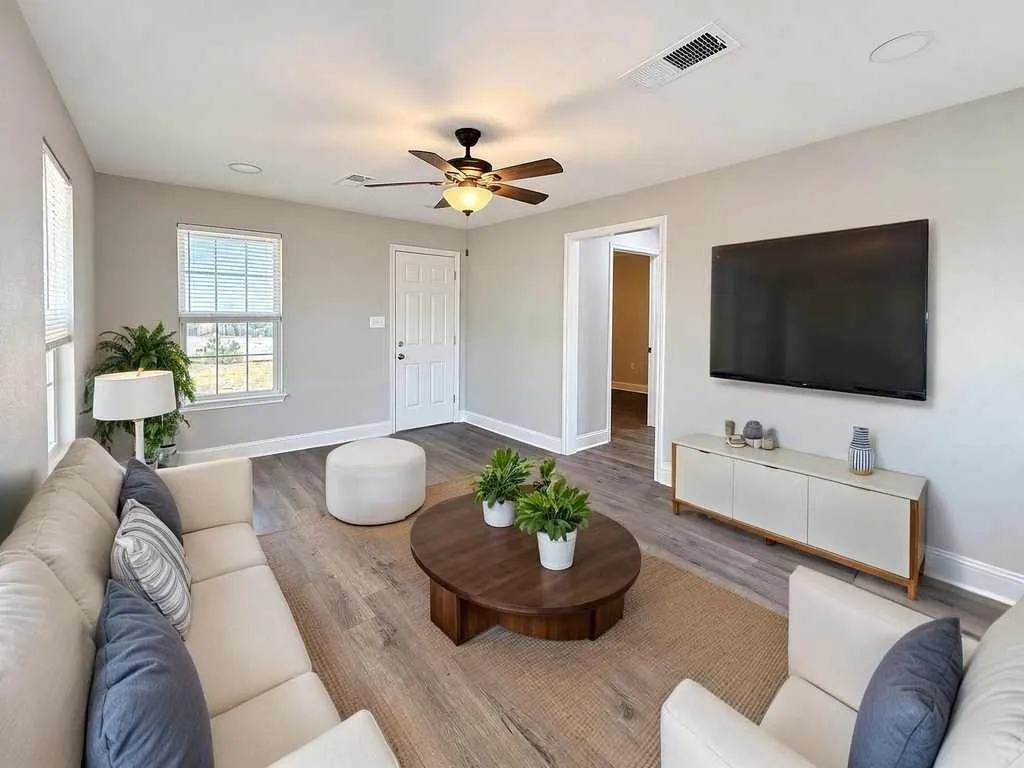 Alternate view of the main home living room. Virtually staged.