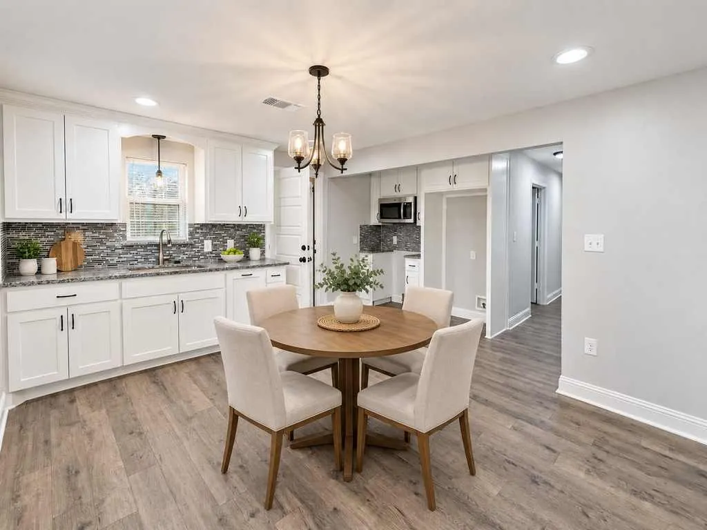 Main home kitchen and dining area with white cabinetry and granite countertops. Virtually staged.