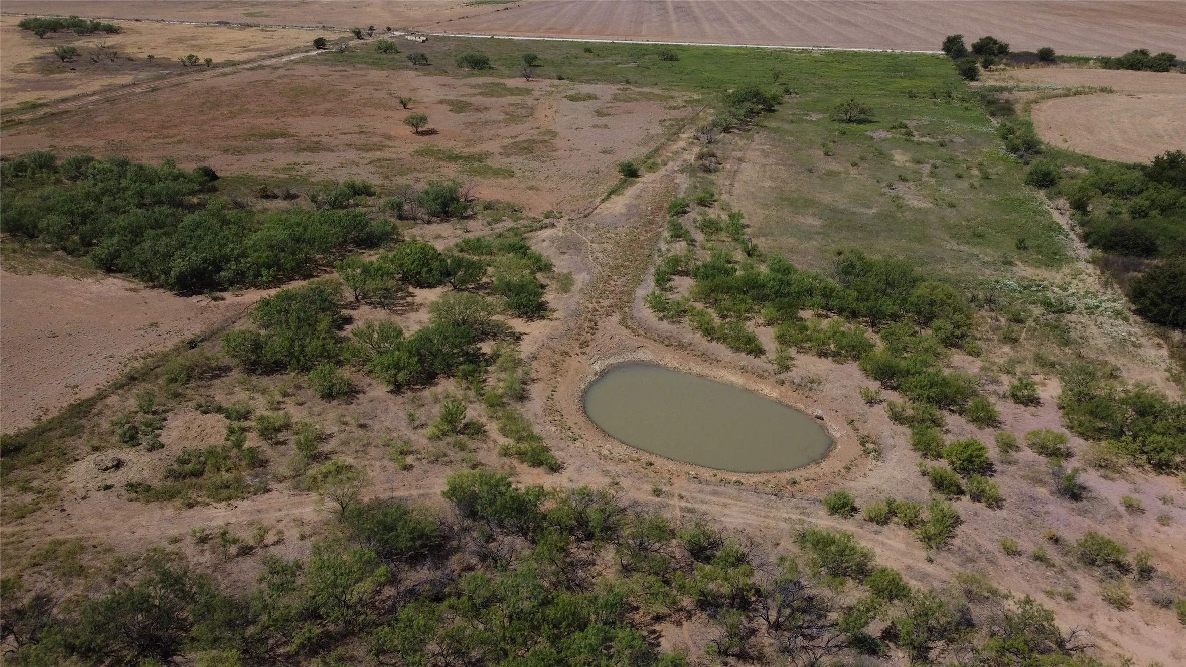 Pond on expansive land featuring varied vegetation and surrounding open fields