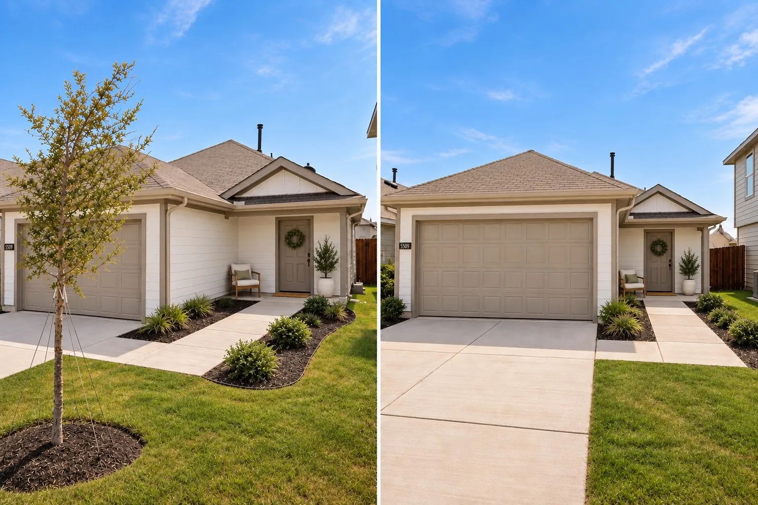 Gable roofline with tan shingles, white siding, and a tan garage door