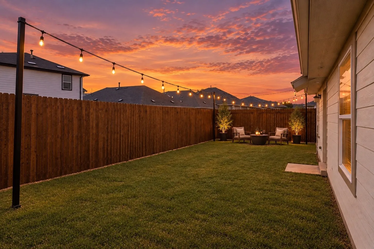 Expansive backyard featuring a manicured lawn, wood privacy fence, string lighting, and a dedicated patio space