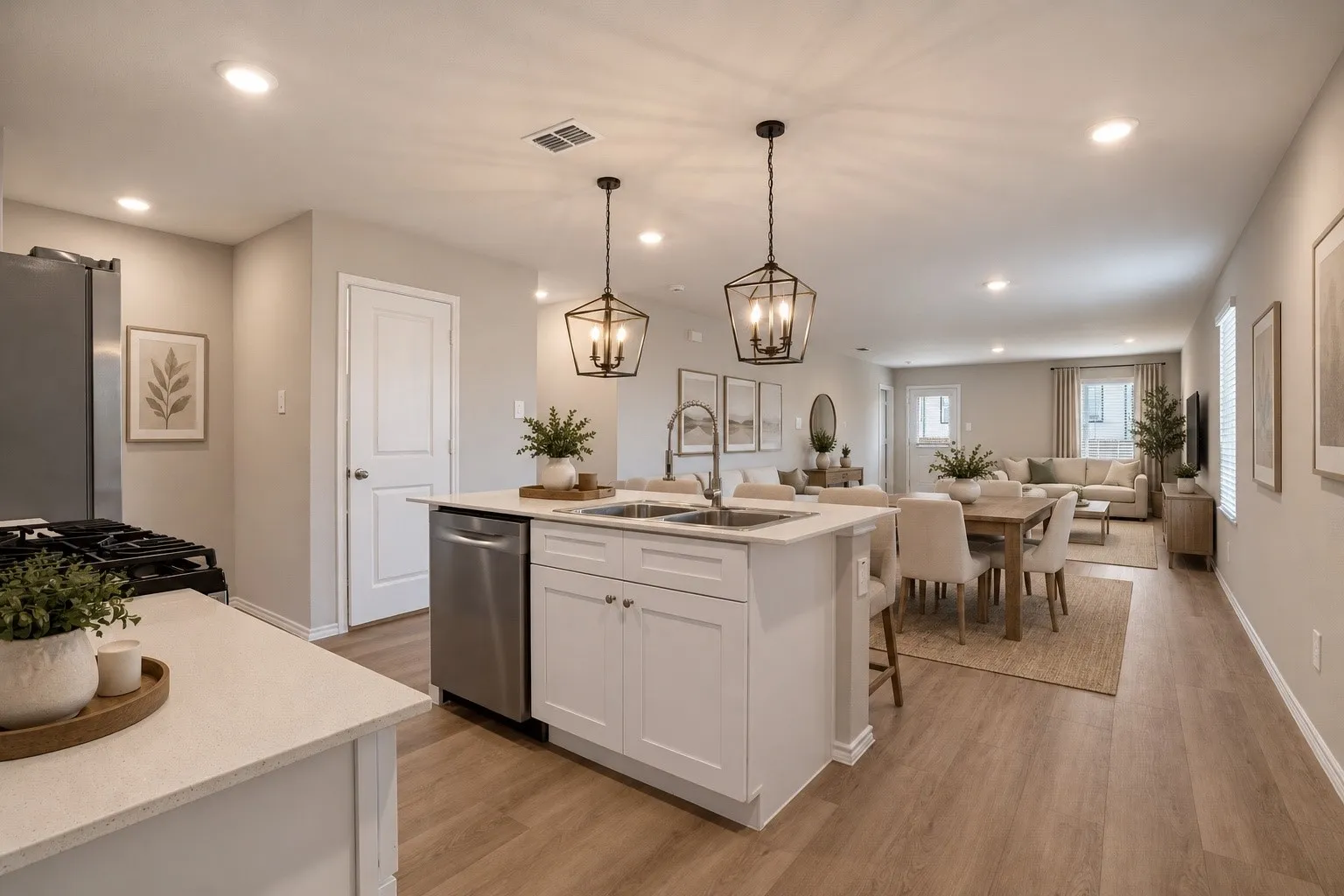Open-concept living space with wood-finish flooring, recessed lighting, and a kitchen island with seating