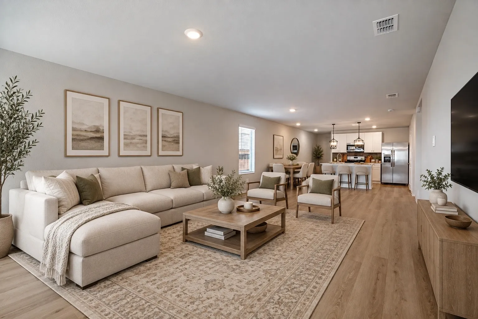 Open-concept living area with wood-finish flooring, recessed lighting, and light-toned walls