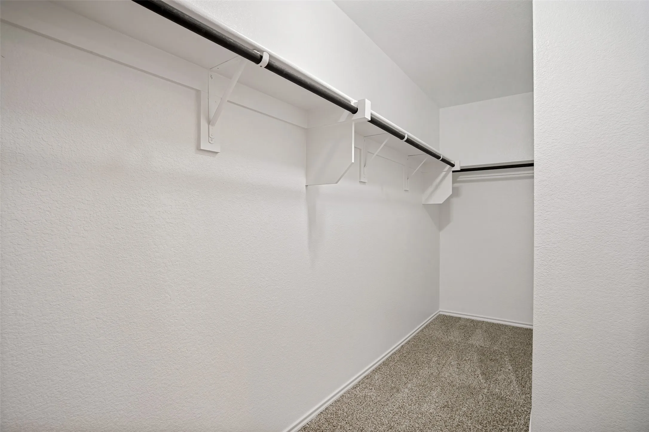Walk-in closet featuring light-toned carpeting and multiple clothing rods