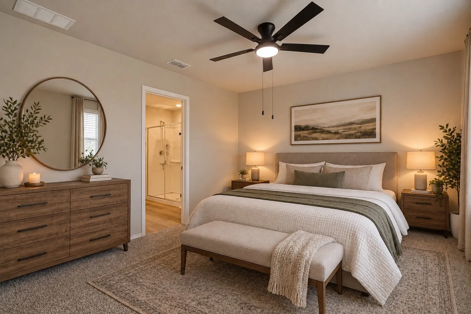 Plush carpeting, ceiling fan with integrated lighting, door frame opening to a bathroom with a glass-enclosed shower, and neutral wall tones
