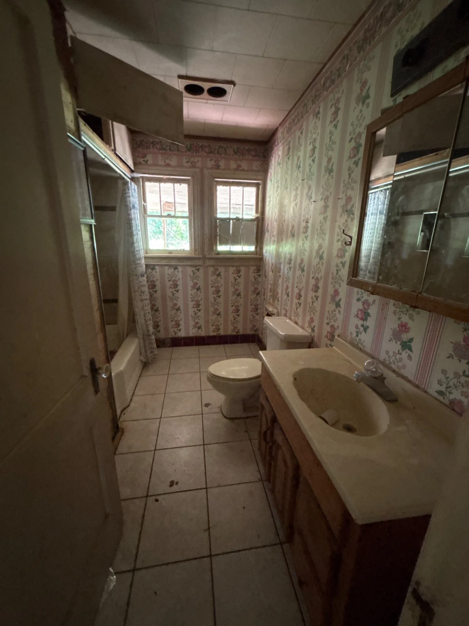 Full bathroom corridor view showing long vanity counter, sink, and mirror setup.