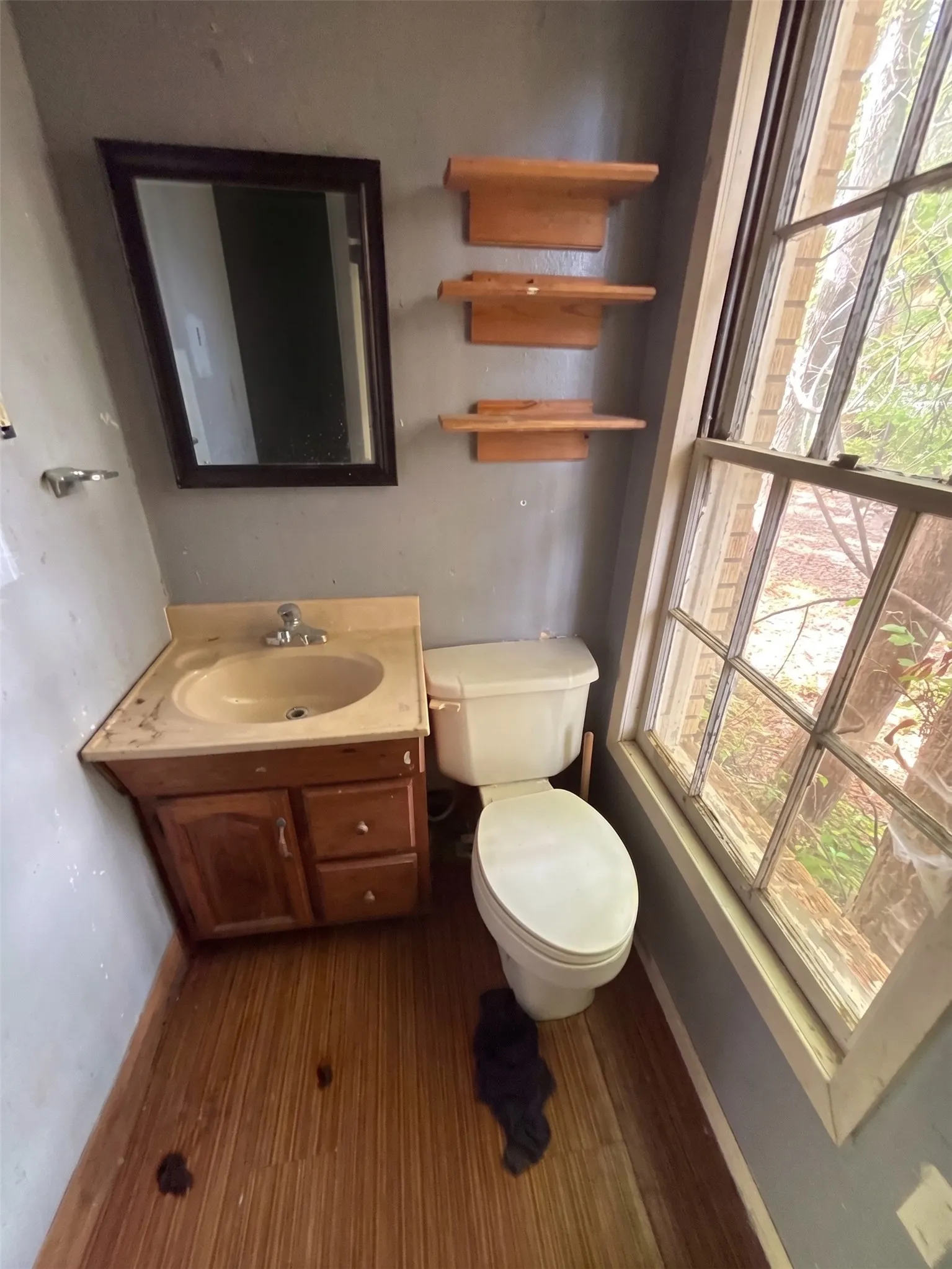 Powder room / half bath featuring wood vanity cabinet, mirror, and natural window lighting.