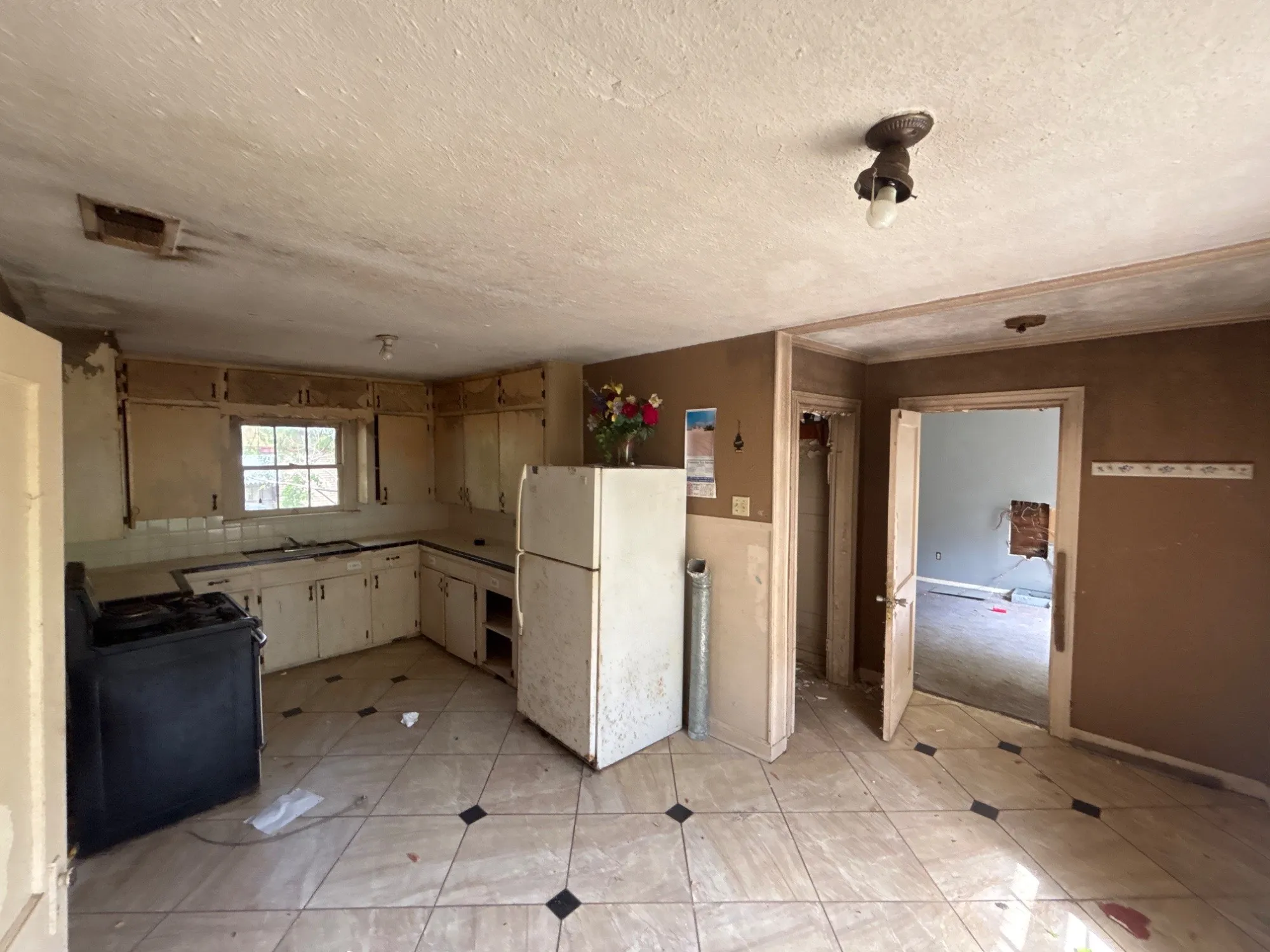 Functional kitchen space displaying cabinet storage, double sink area, and wide footprint ready for customization.