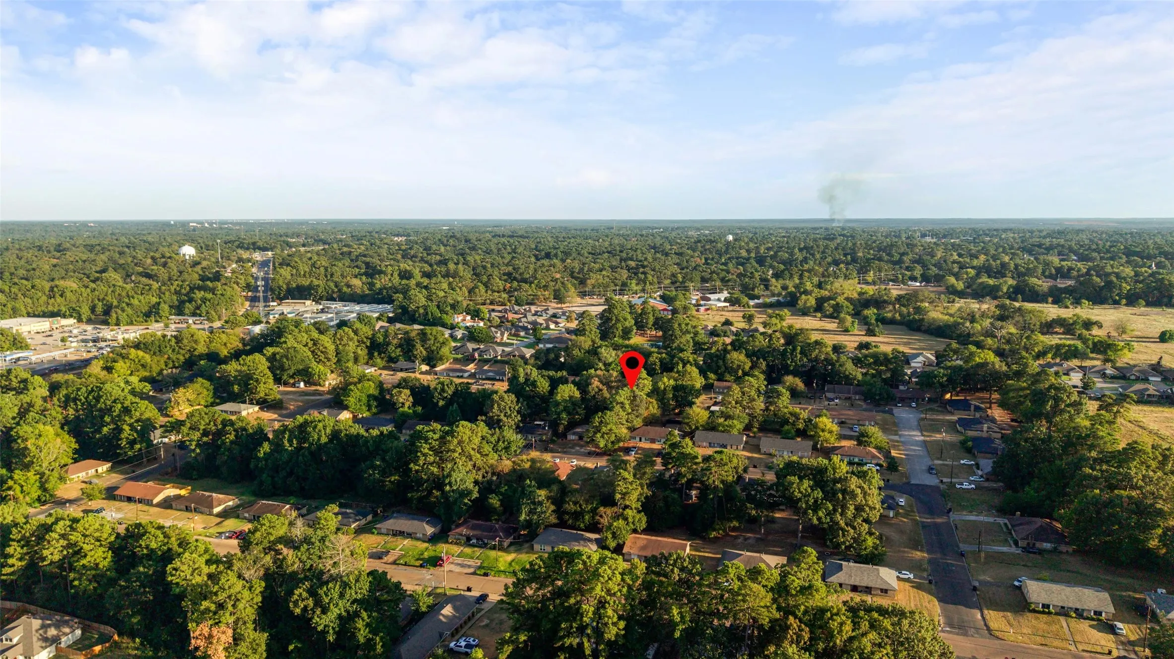 Residential neighborhood with mature tree coverage and visible street infrastructure