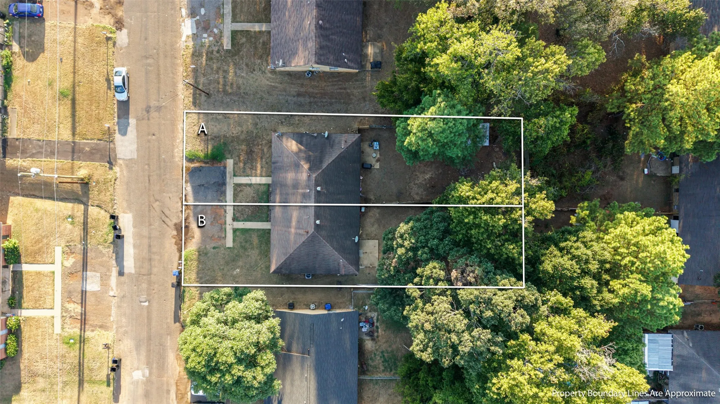 Aerial perspective of property featuring two distinct parcels, A and B