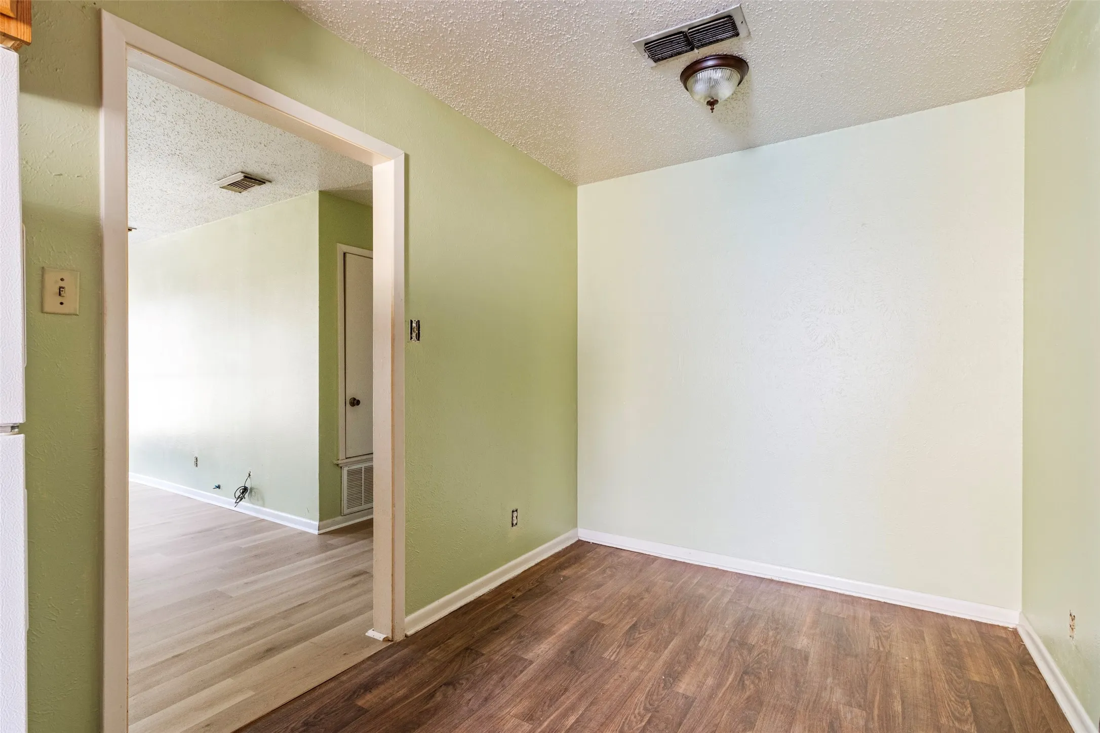 Wood-finish flooring with light green wall color and a ceiling-mounted light fixture