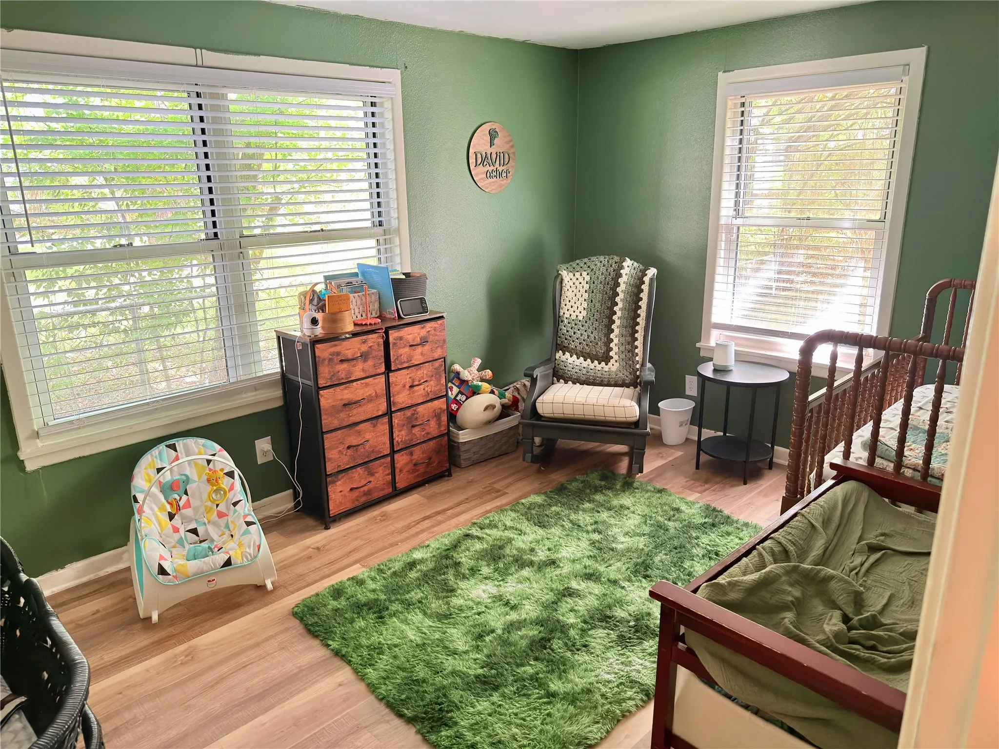 Wood-finish flooring with a green wall finish