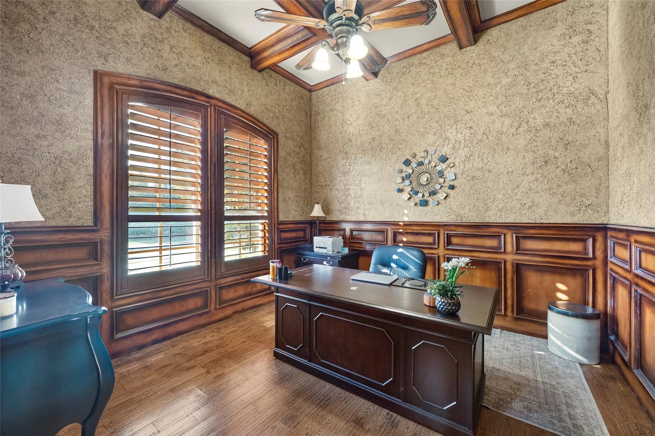 Wood trim, plantation shutters and built in shelves