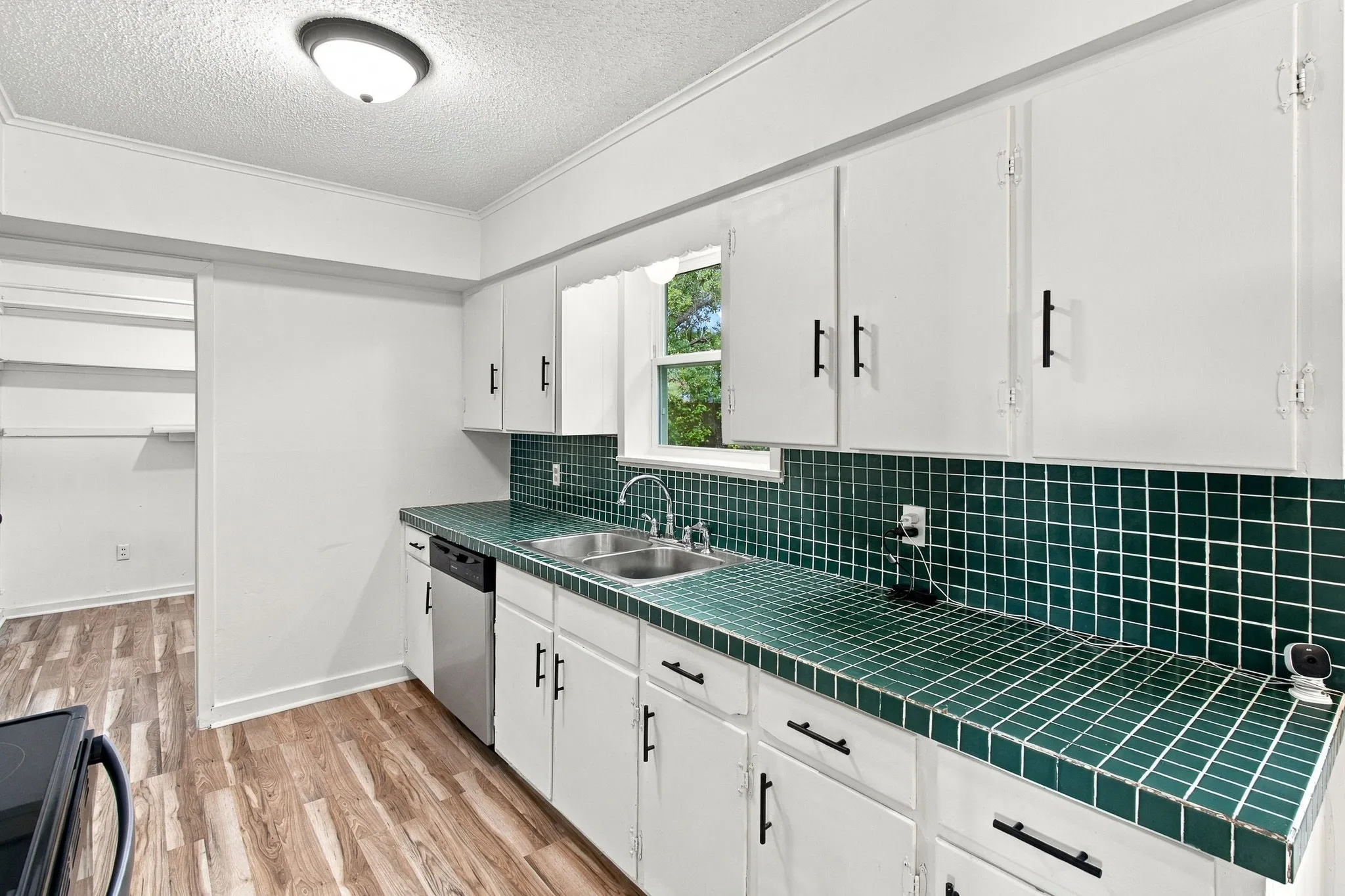 Kitchen featuring white cabinetry with black hardware, green tile countertops, a brand new stainless steel dishwasher, and a double basin sink