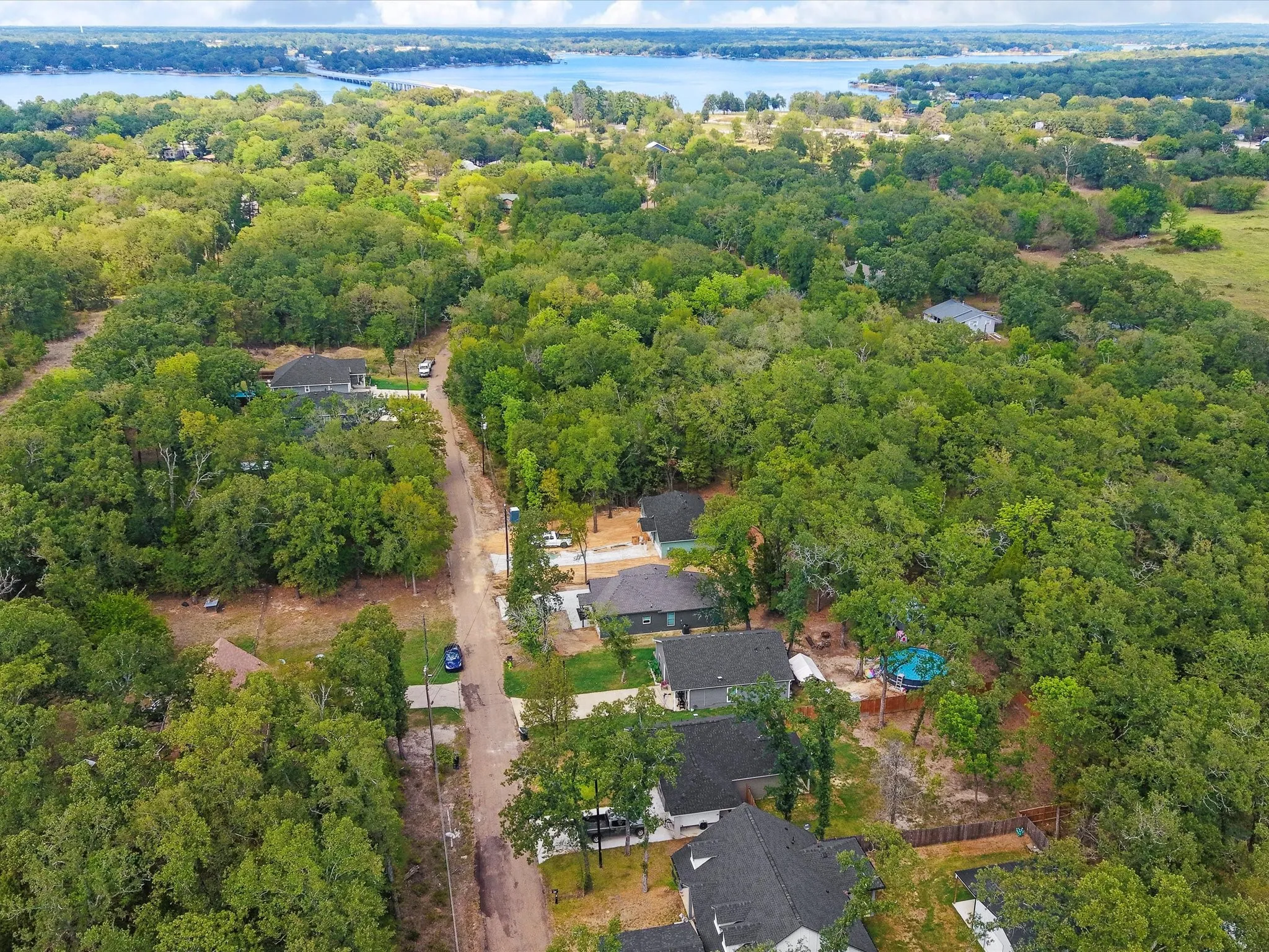 Aerial perspective of a residential area with dense tree coverage