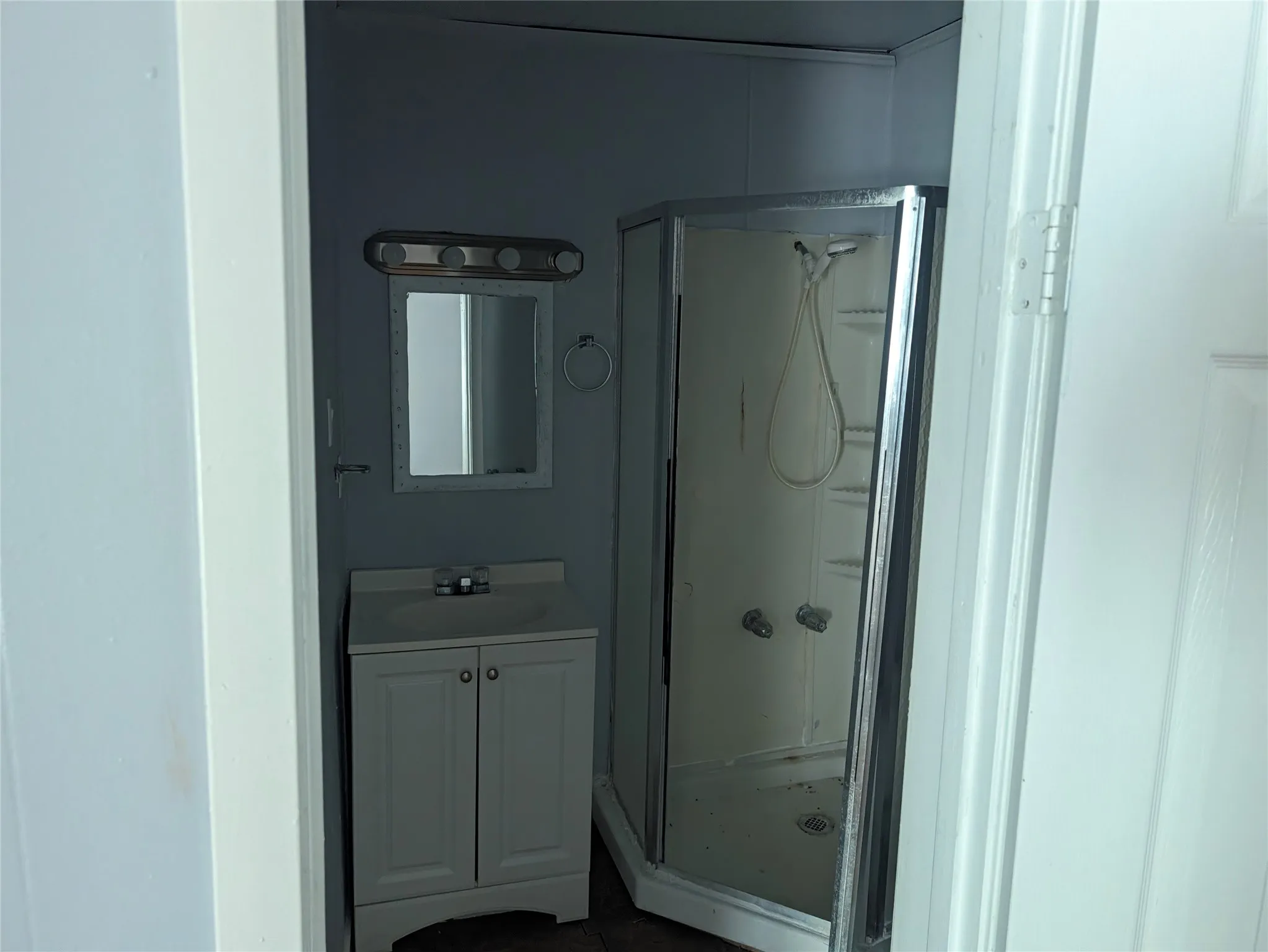 Compact bathroom featuring a single vanity with cabinet storage, wall-mounted mirror, and a corner shower enclosure with a clear glass door