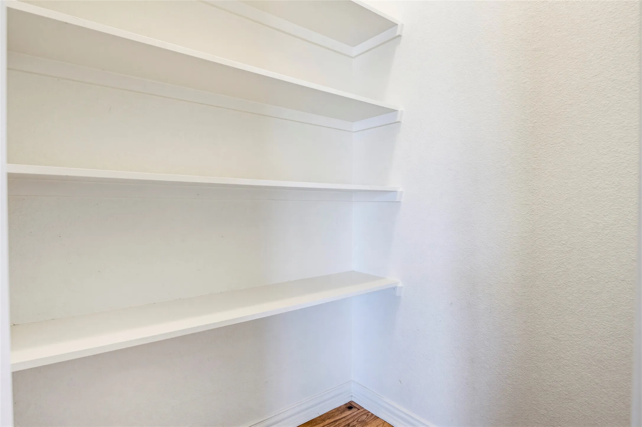 Integrated shelving with multiple storage levels and wood-finish flooring