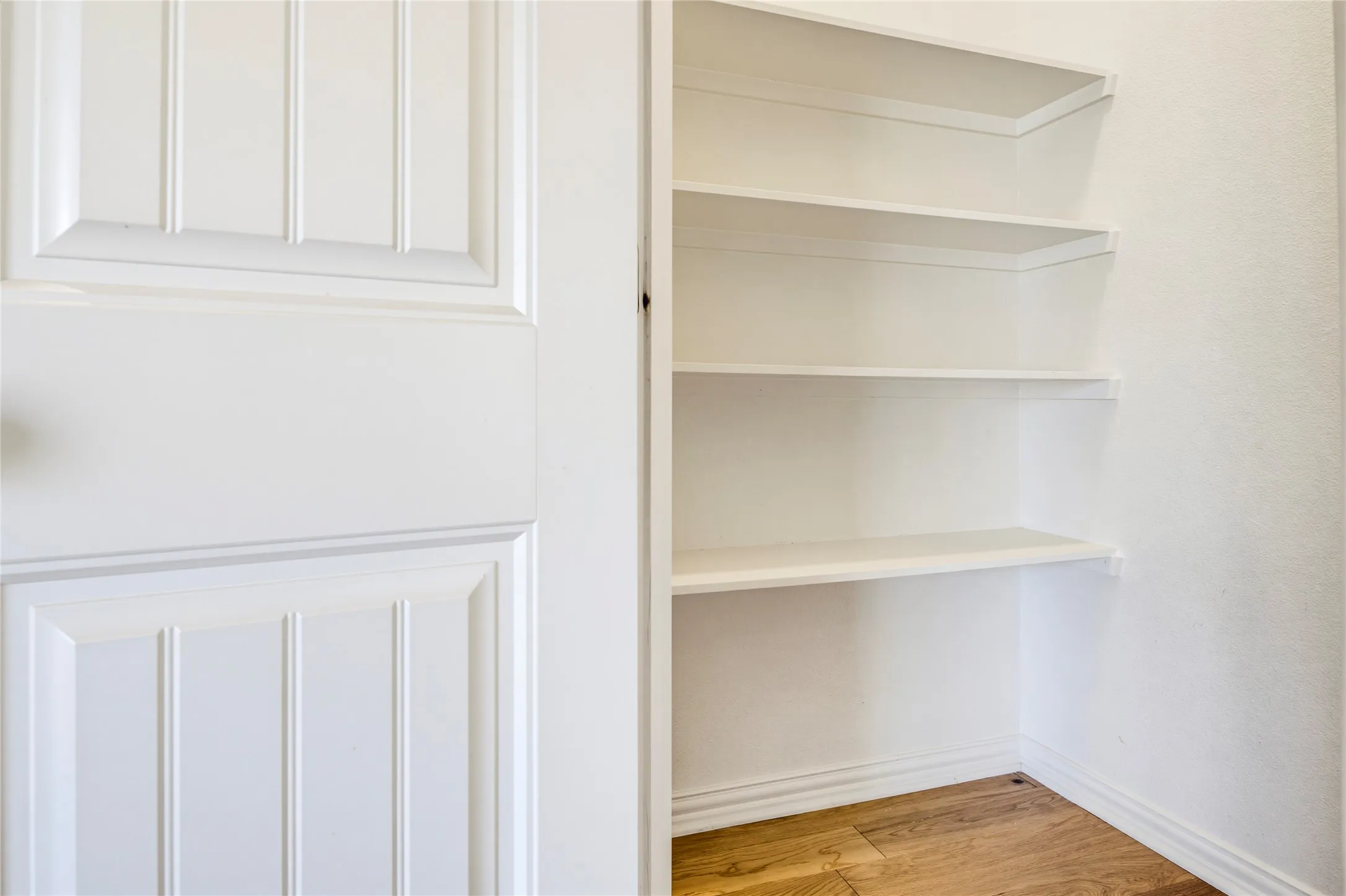 White paneled door opening to a closet with multiple built-in shelves and wood-finish flooring