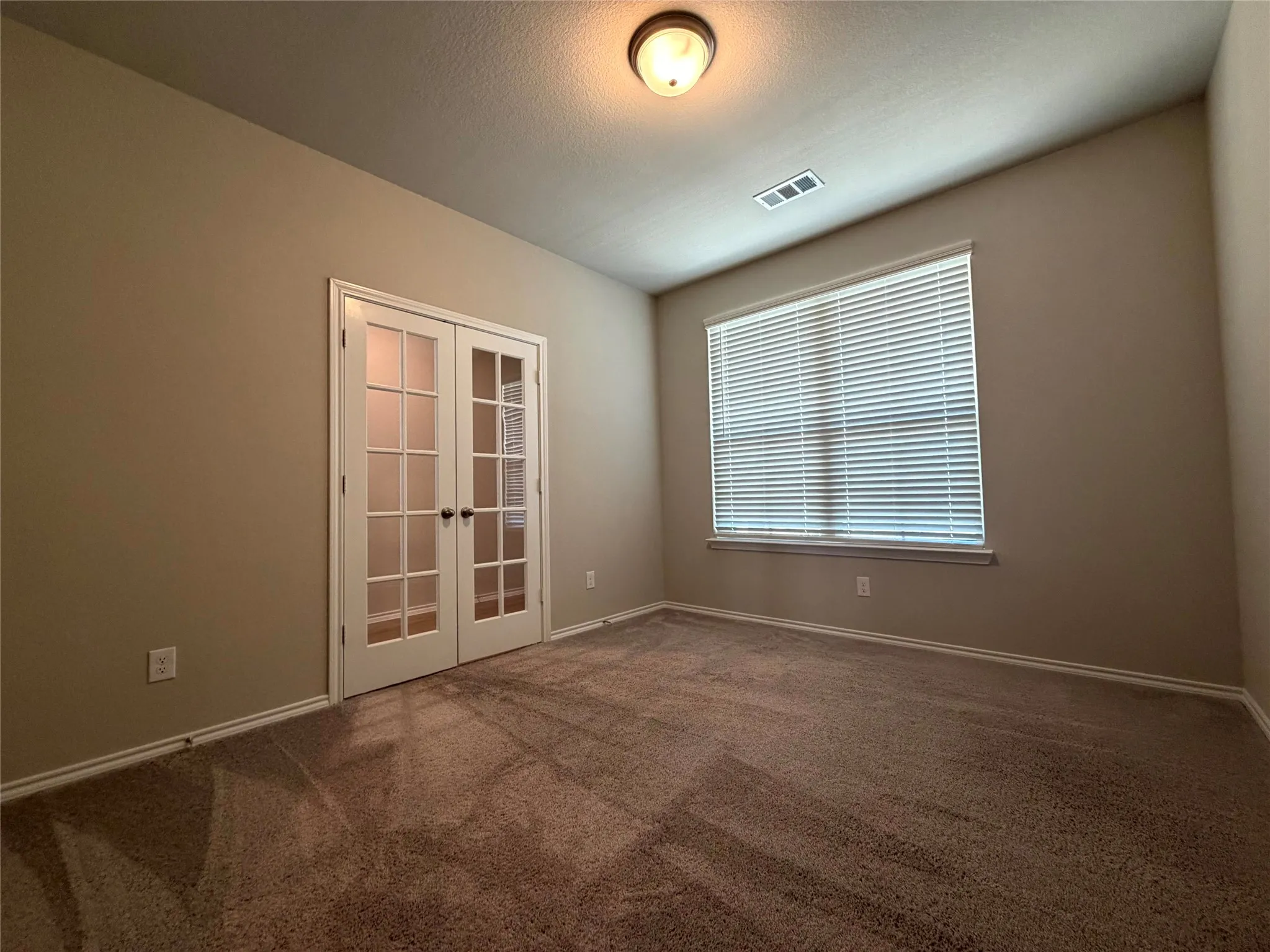 French doors with glass panes, plush carpet flooring, a large window with horizontal blinds, and a ceiling-mounted light fixture