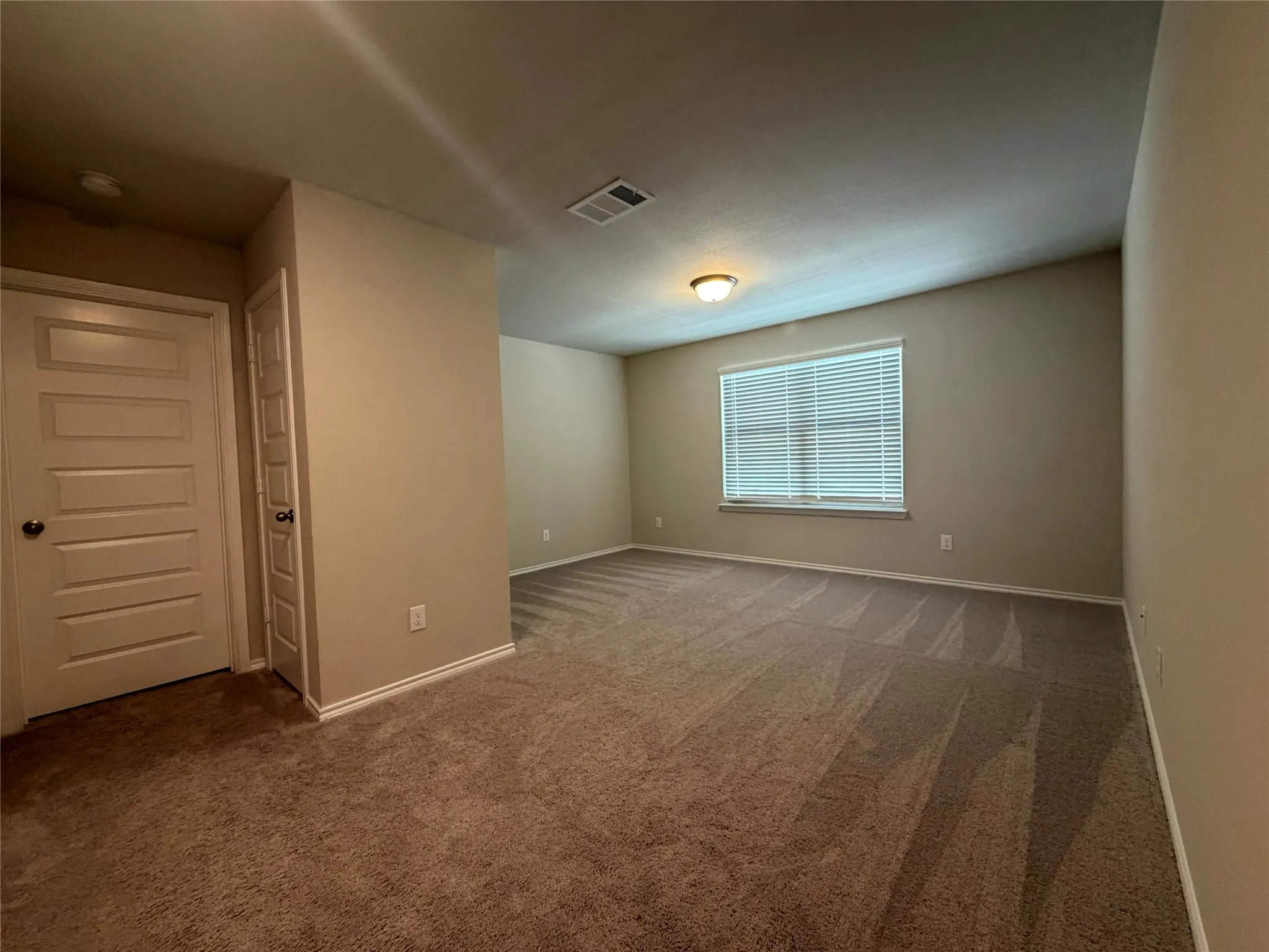 Carpeted flooring, neutral wall paint, window with blinds, surface-mounted ceiling light fixture, and white trim
