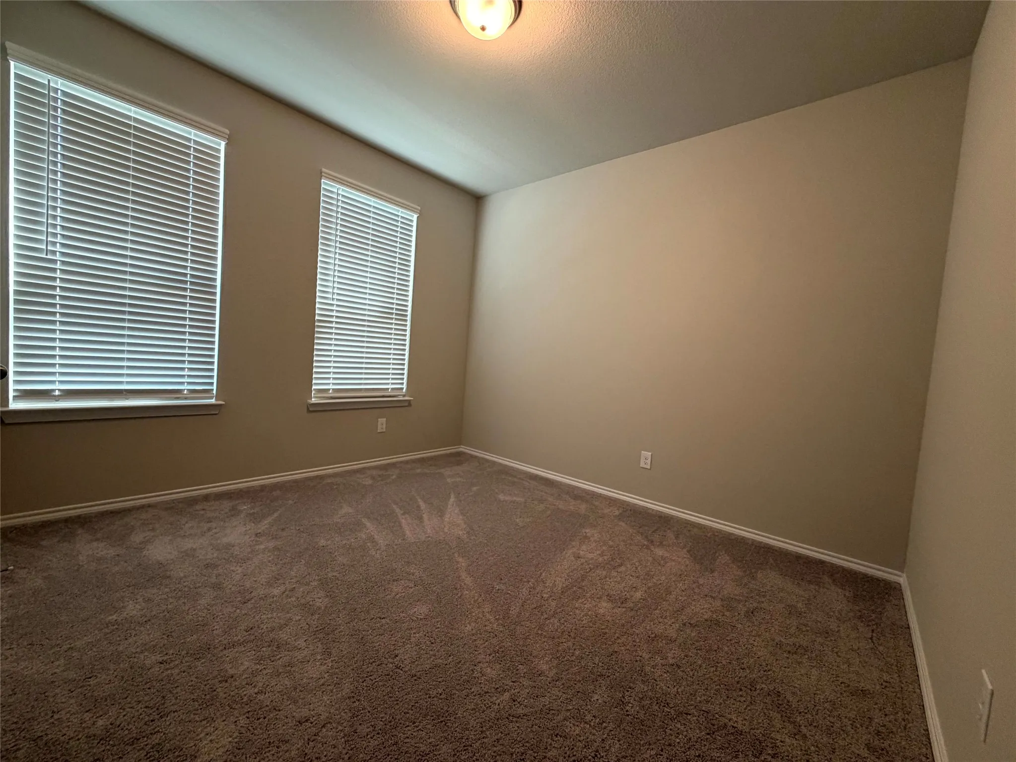 Textured carpeting with neutral wall tones, two windows with horizontal blinds, and a ceiling-mounted light fixture
