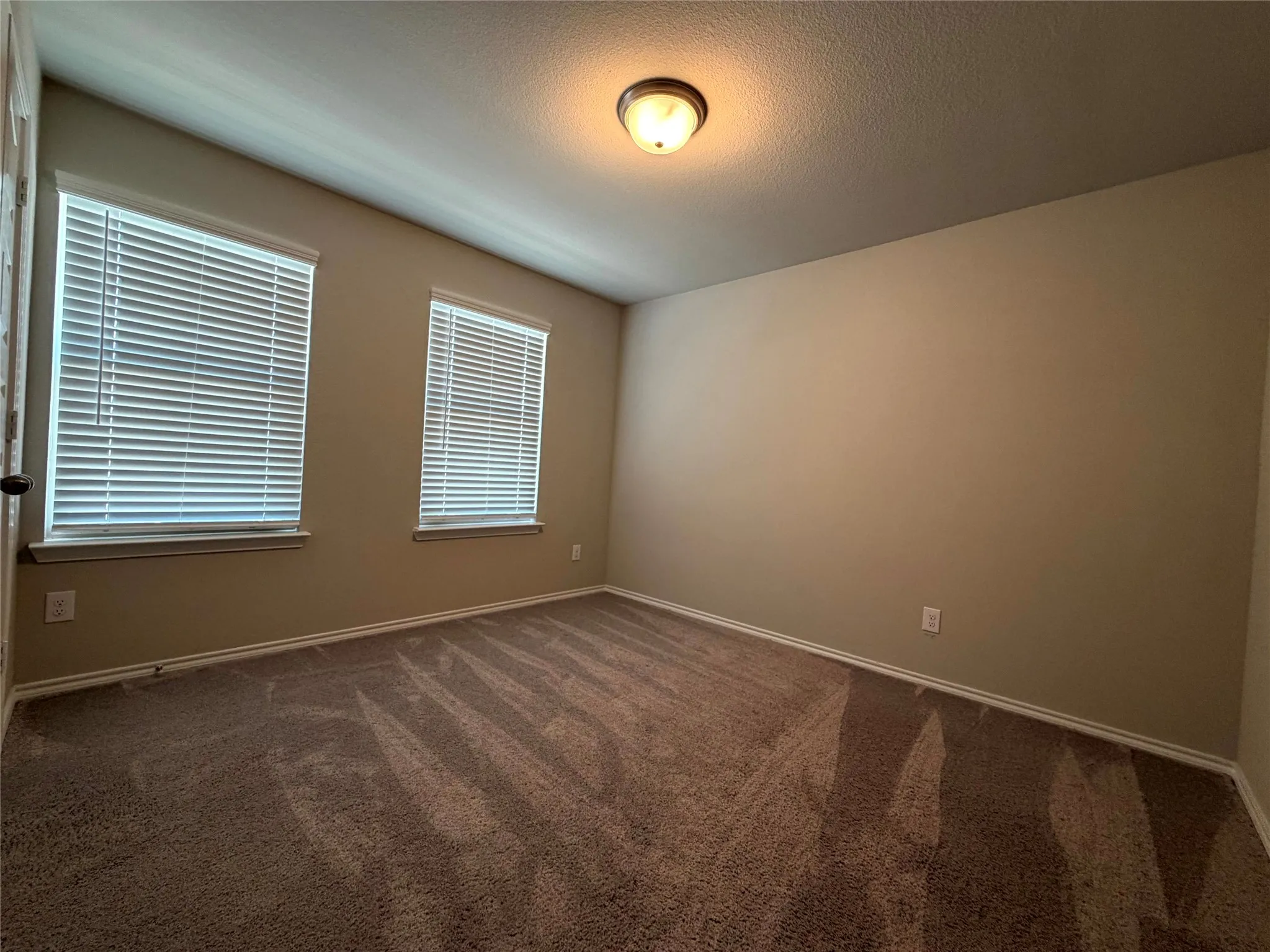 Neutral wall paint, textured carpeting, two windows with blinds, and a ceiling-mounted light fixture