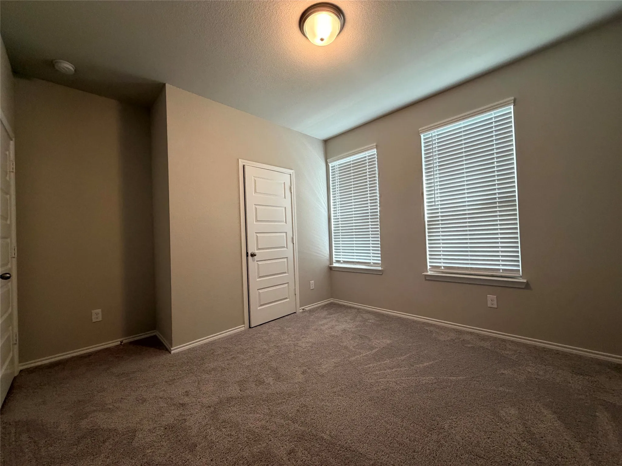 Plush carpet flooring, neutral wall tones, two windows with blinds, a five-panel interior door, and an attached ceiling light fixture