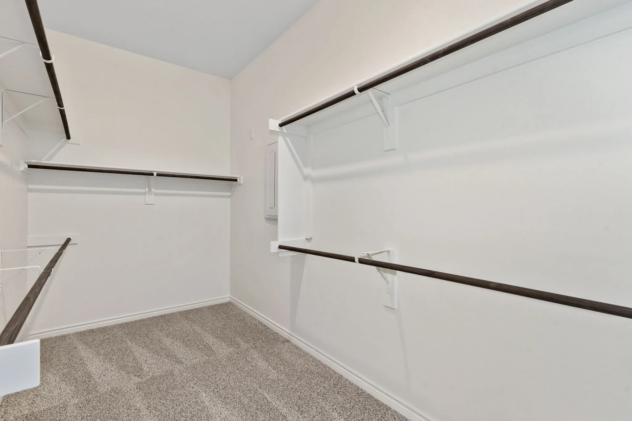 The primary suite boasts a spacious walk in closet with plush carpet.