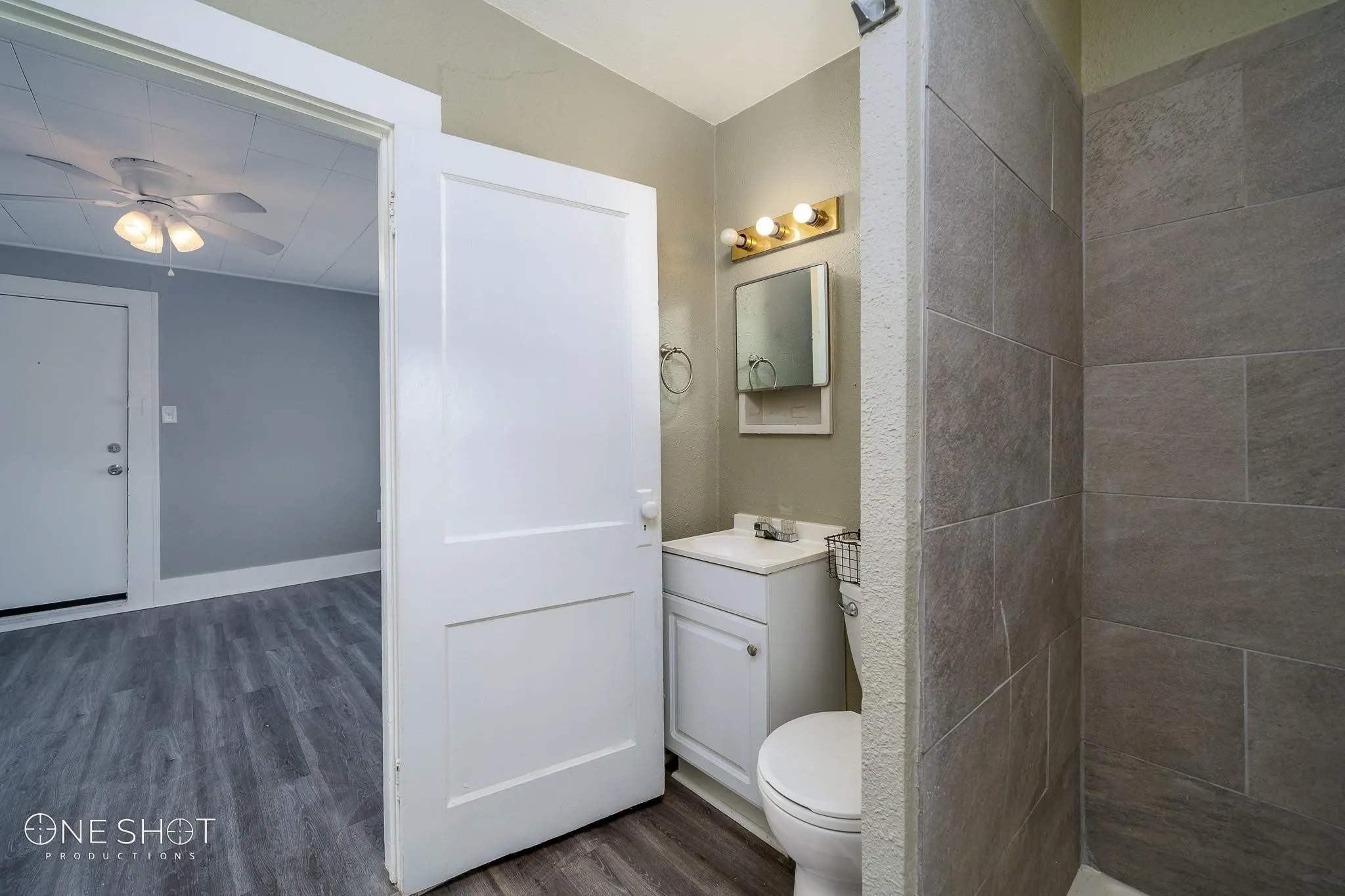 Bathroom featuring vanity, ceiling fan, hardwood / wood-style flooring, and toilet