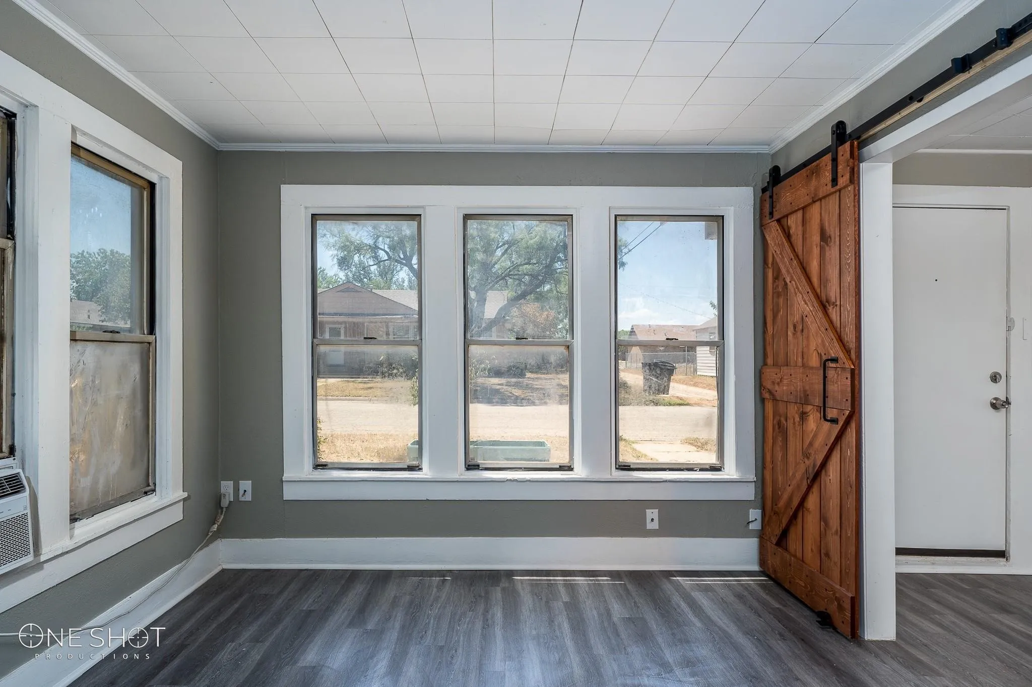 Unfurnished room with plenty of natural light, dark wood-type flooring, crown molding, and a barn door