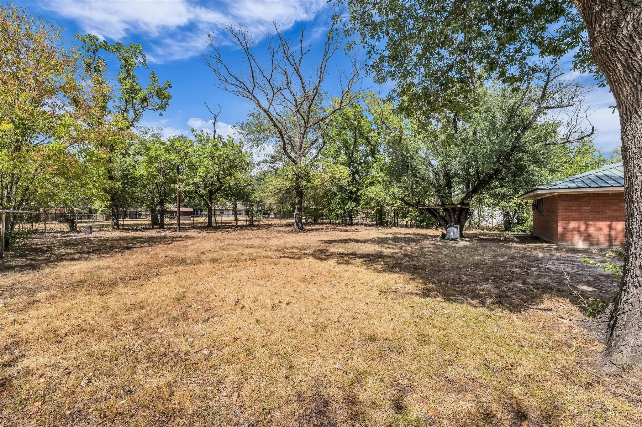 The back yard has chain-link fencing and is partially shaded by mature trees.