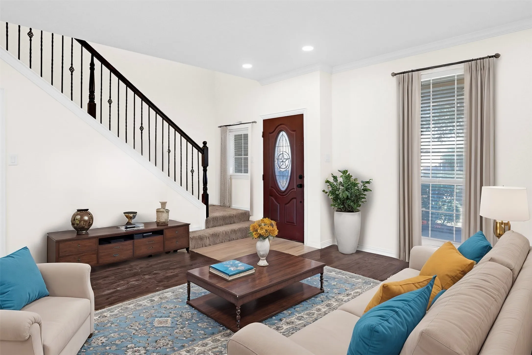 Open floor plan looking into the living room for your formal dining or second living room. - Virtual Staged