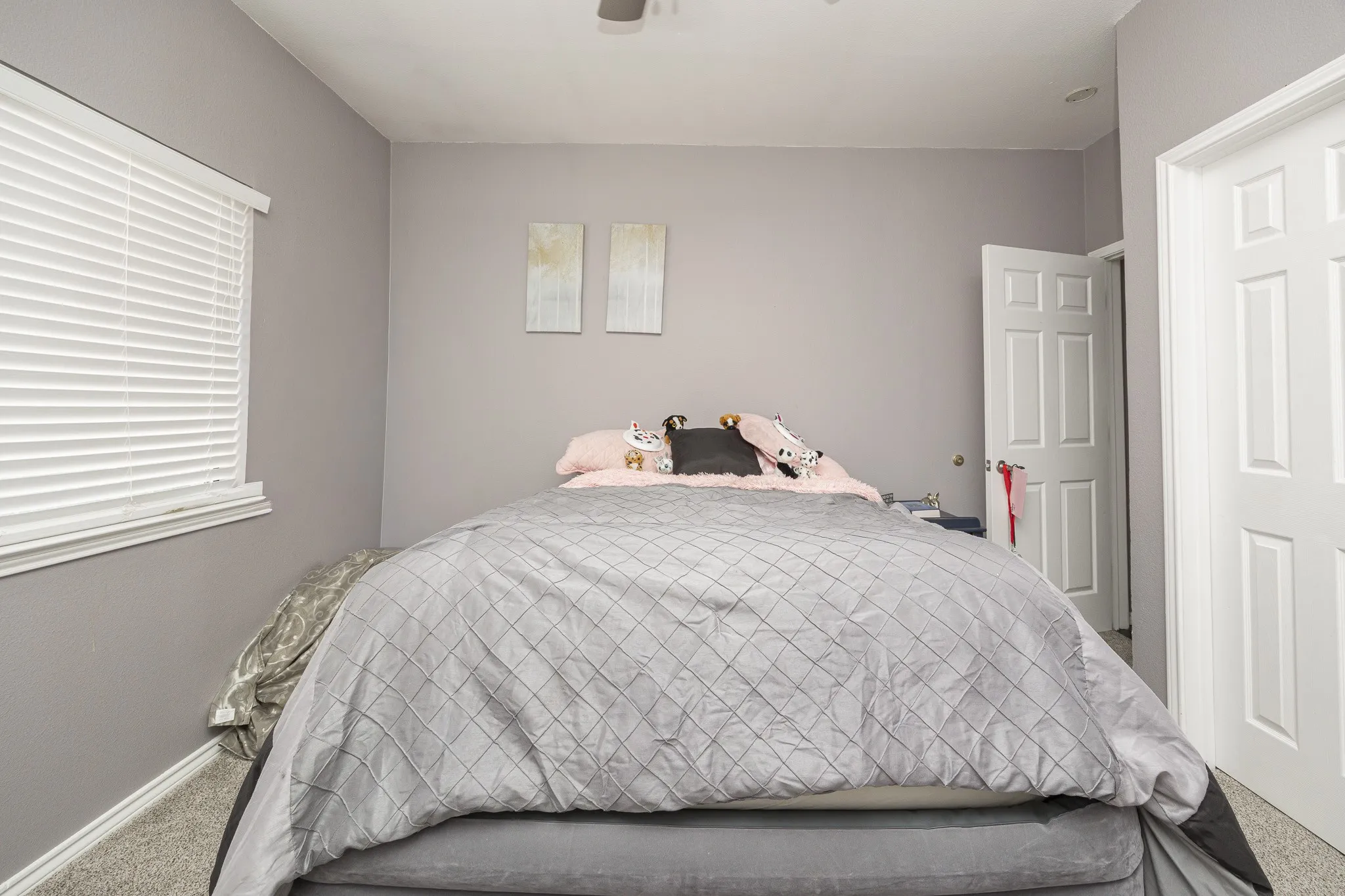 Textured carpet flooring, white trim, window with horizontal blinds, ceiling fan, and painted interior doors