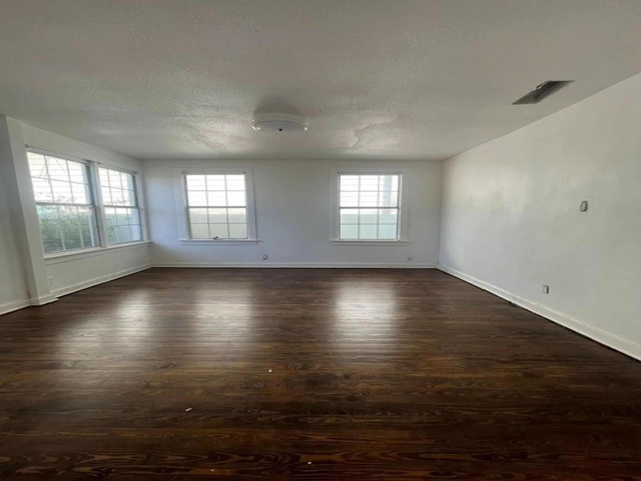 Expansive room with dark wood-finish flooring, multiple windows, white painted walls, and a flush-mount ceiling light fixture