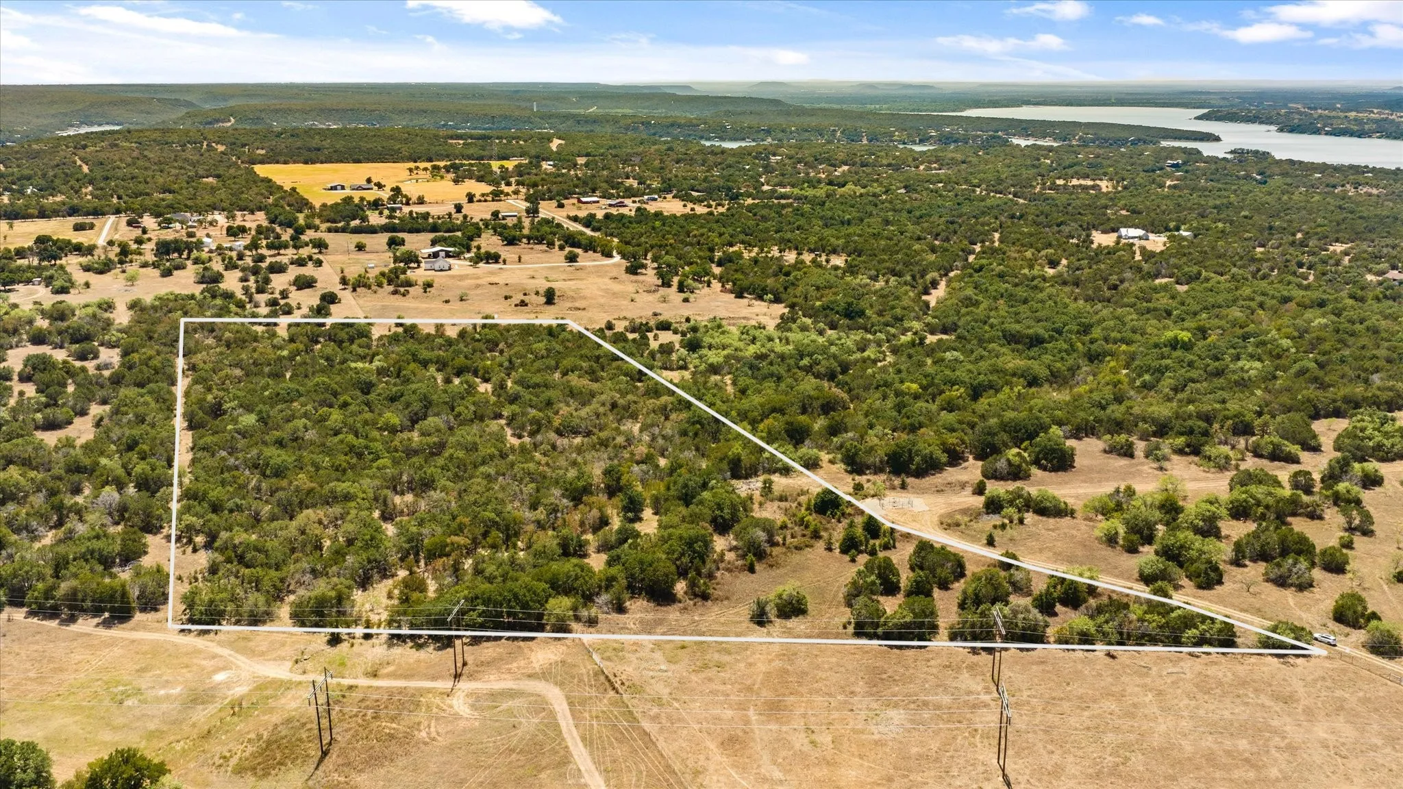 Expansive land parcel with abundant mature trees and distant water feature