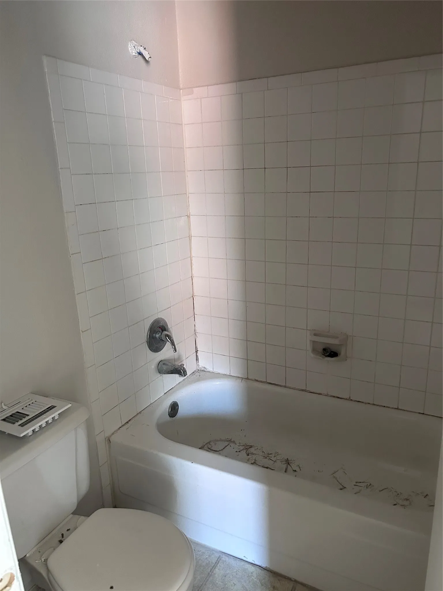 Renovations underway in the private bathroom. Still to come is a new toilet, new hardware, and vinyl plank flooring.