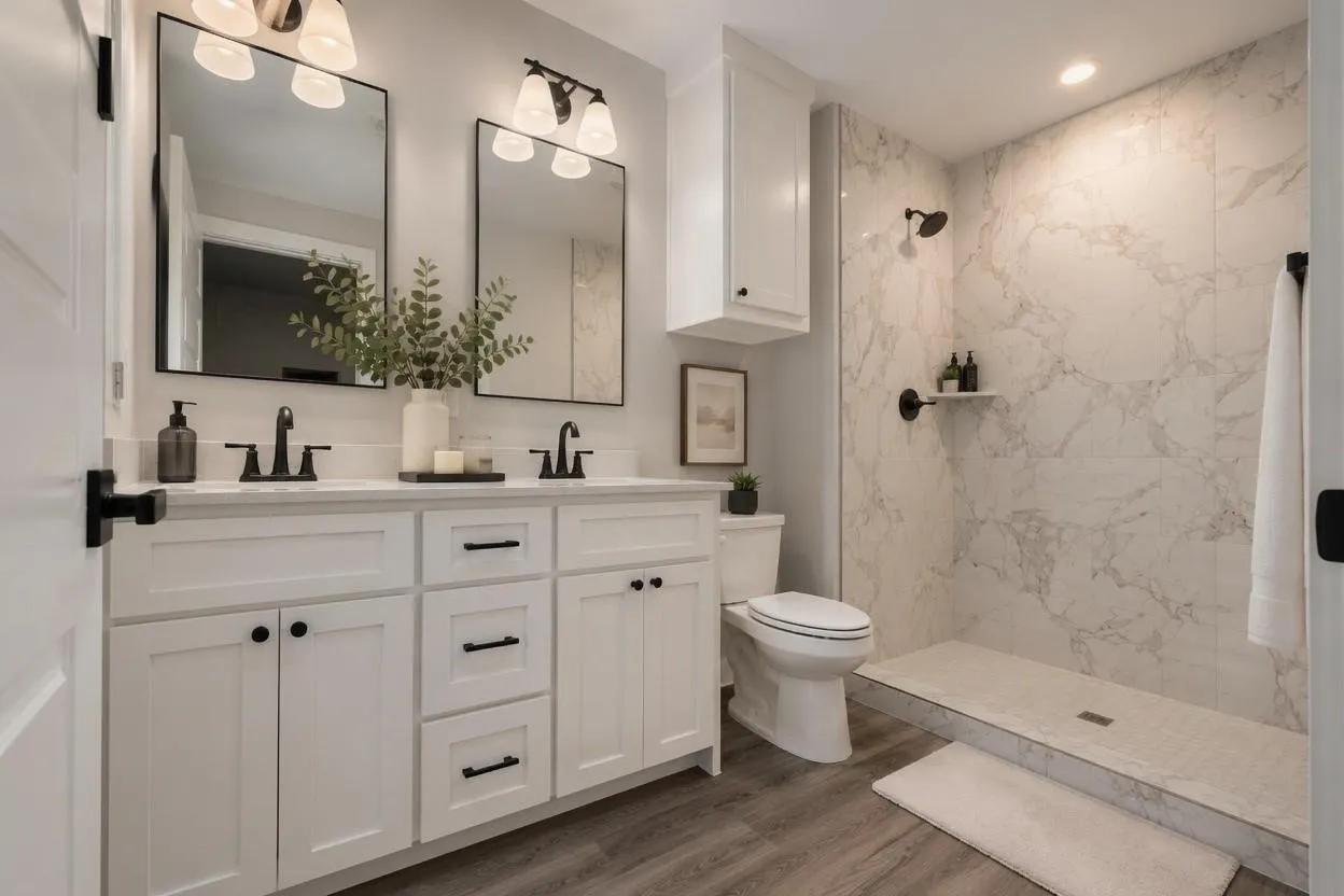 Dual vanity with white cabinetry and black hardware
