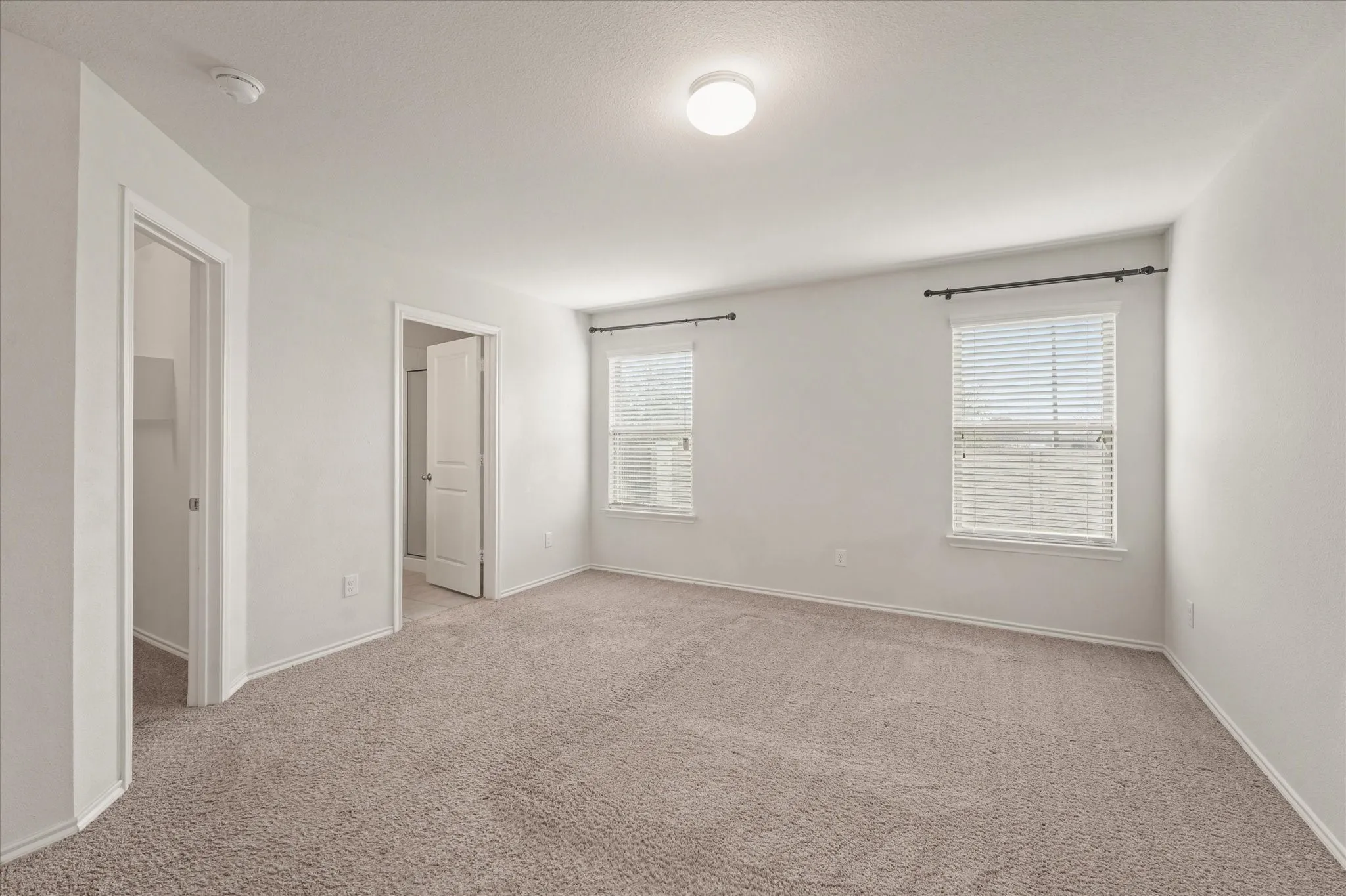 Carpeted room with two windows, a ceiling light fixture, and two interior doorways