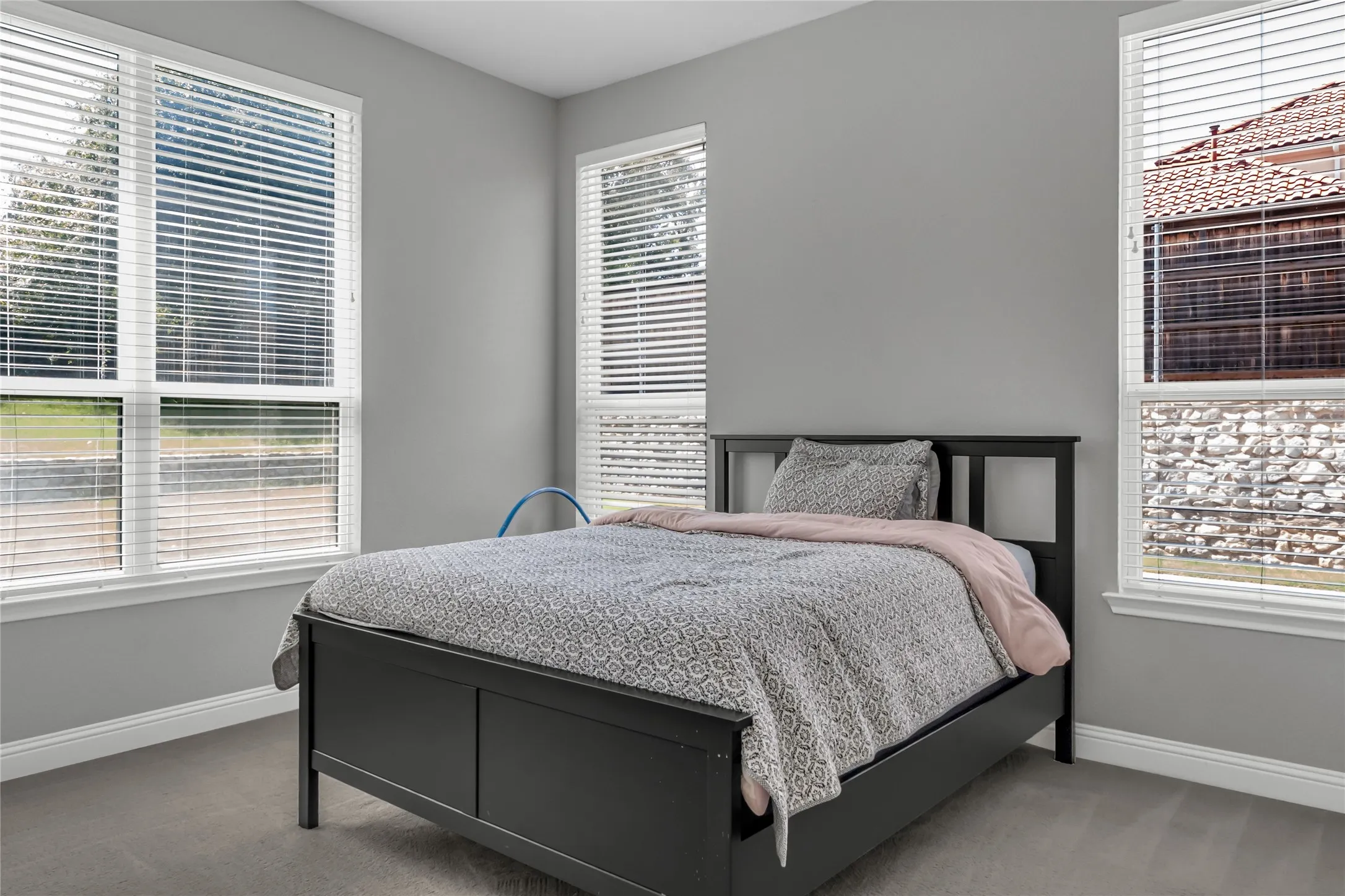 Light gray wall paint, white window trim, white window blinds, and gray carpet flooring